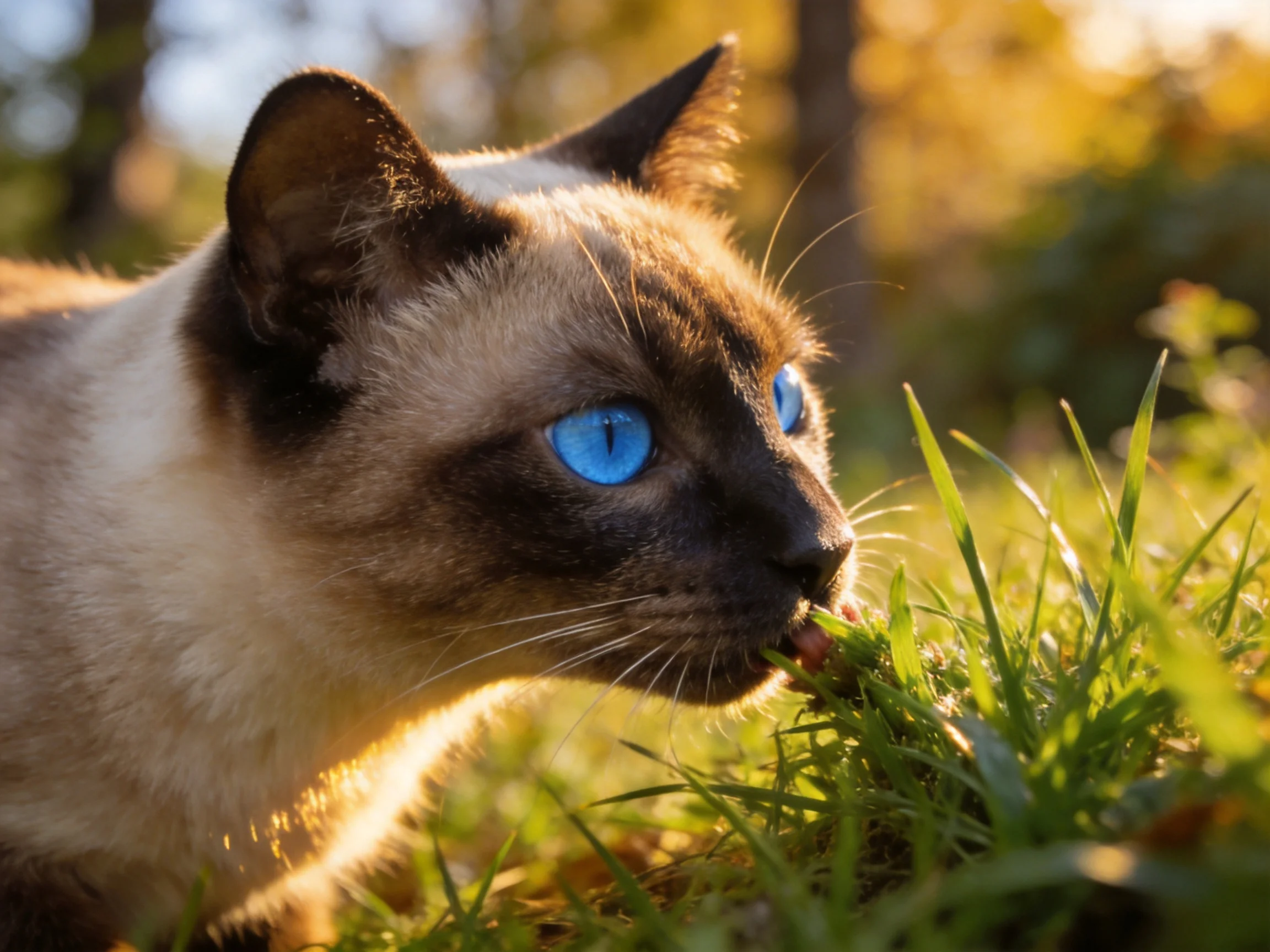 A Siamese cat with blue eyes eats grass in a sunlit outdoor setting.