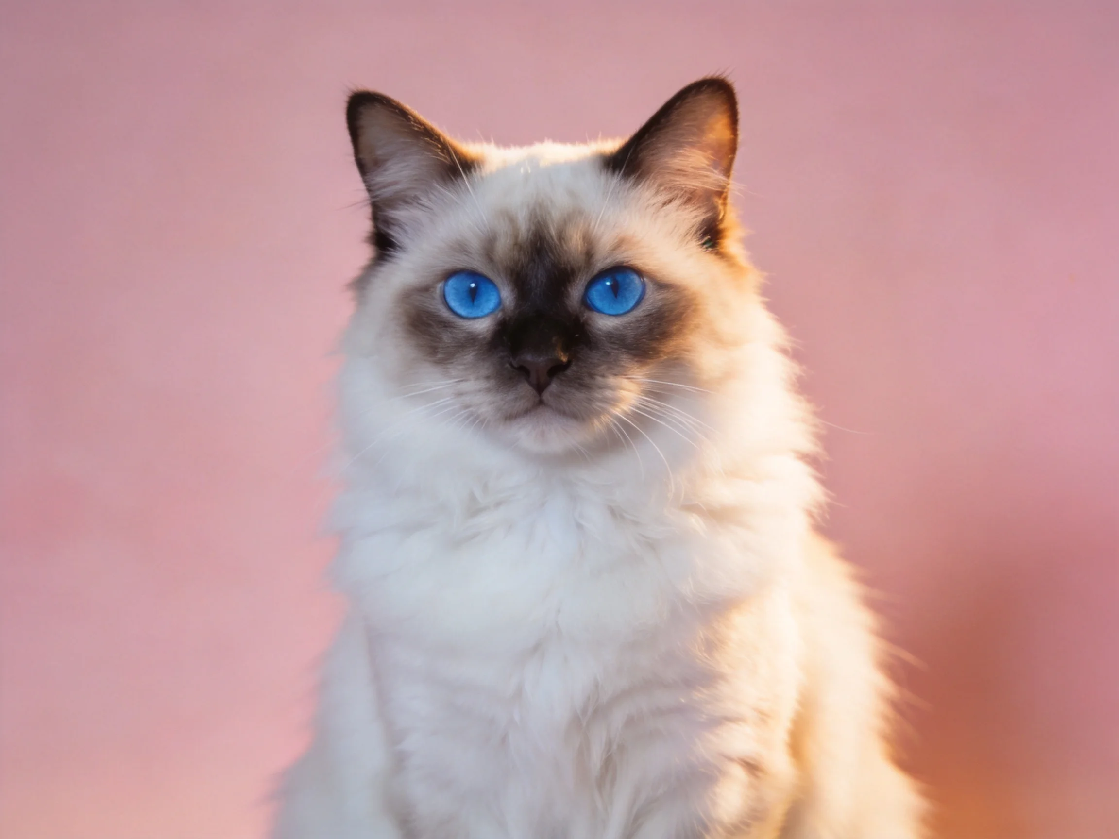 A Siamese cat with bright blue eyes is positioned against a soft pink backdrop.