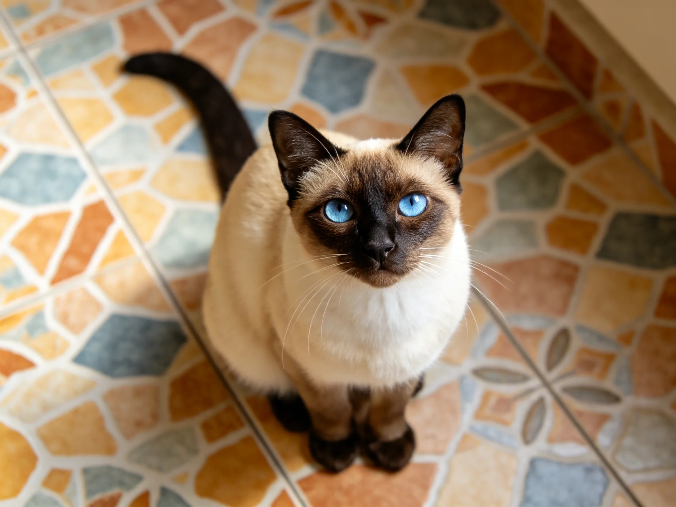 A Siamese cat with vivid blue eyes sits on a multicolored tile floor.