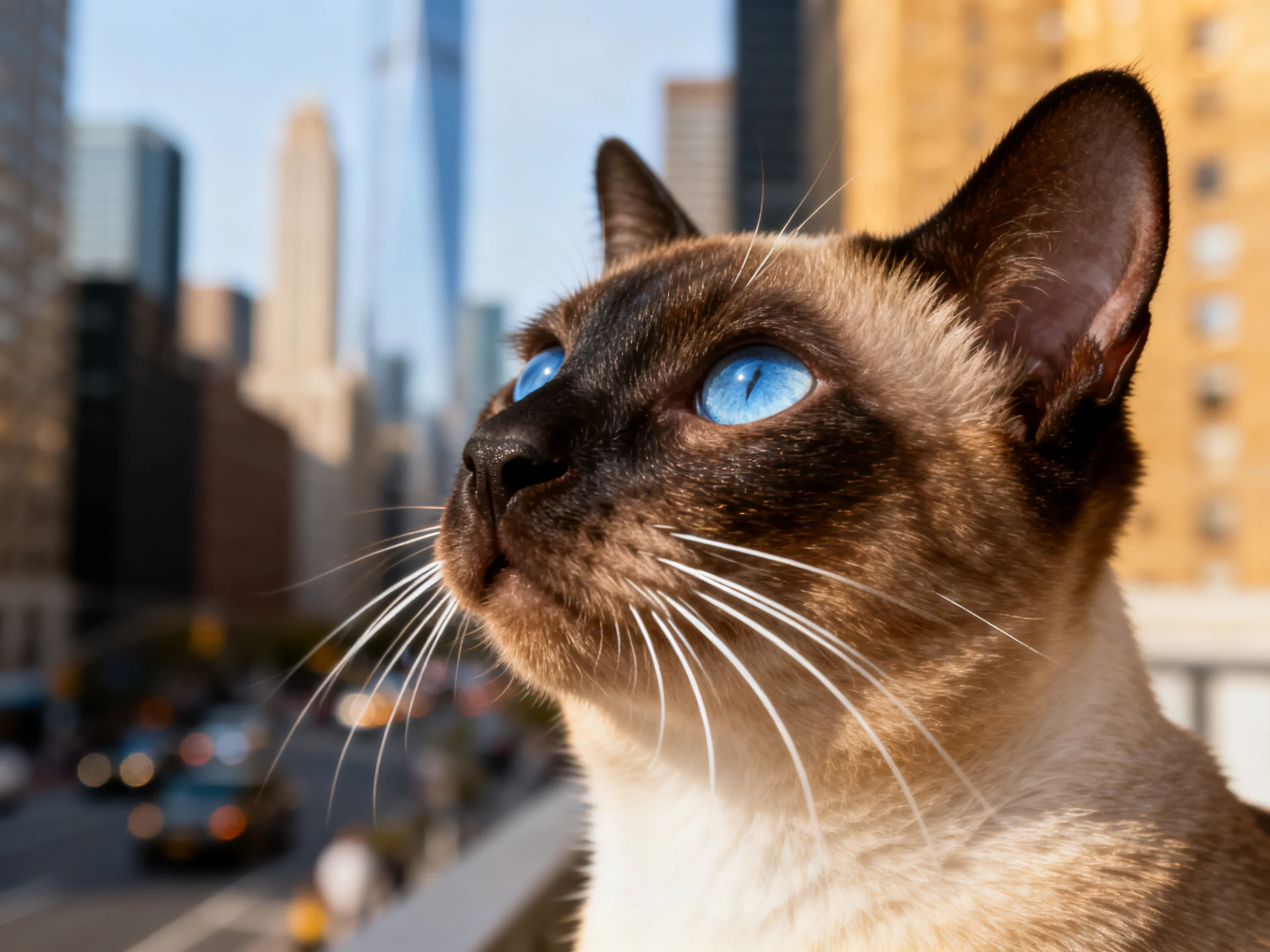 A Siamese cat gazes toward a bustling city from a high position