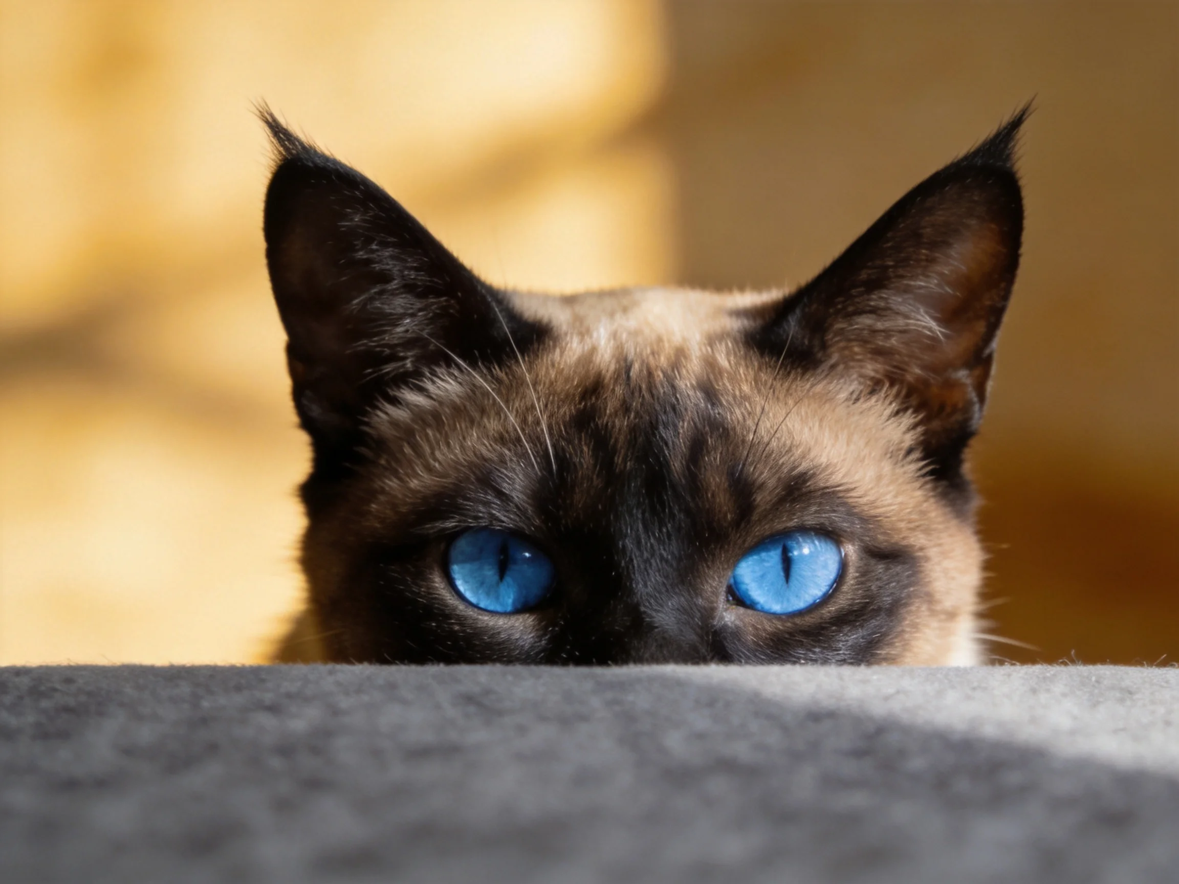 A Siamese cat with vivid blue eyes hides partially behind a gray object