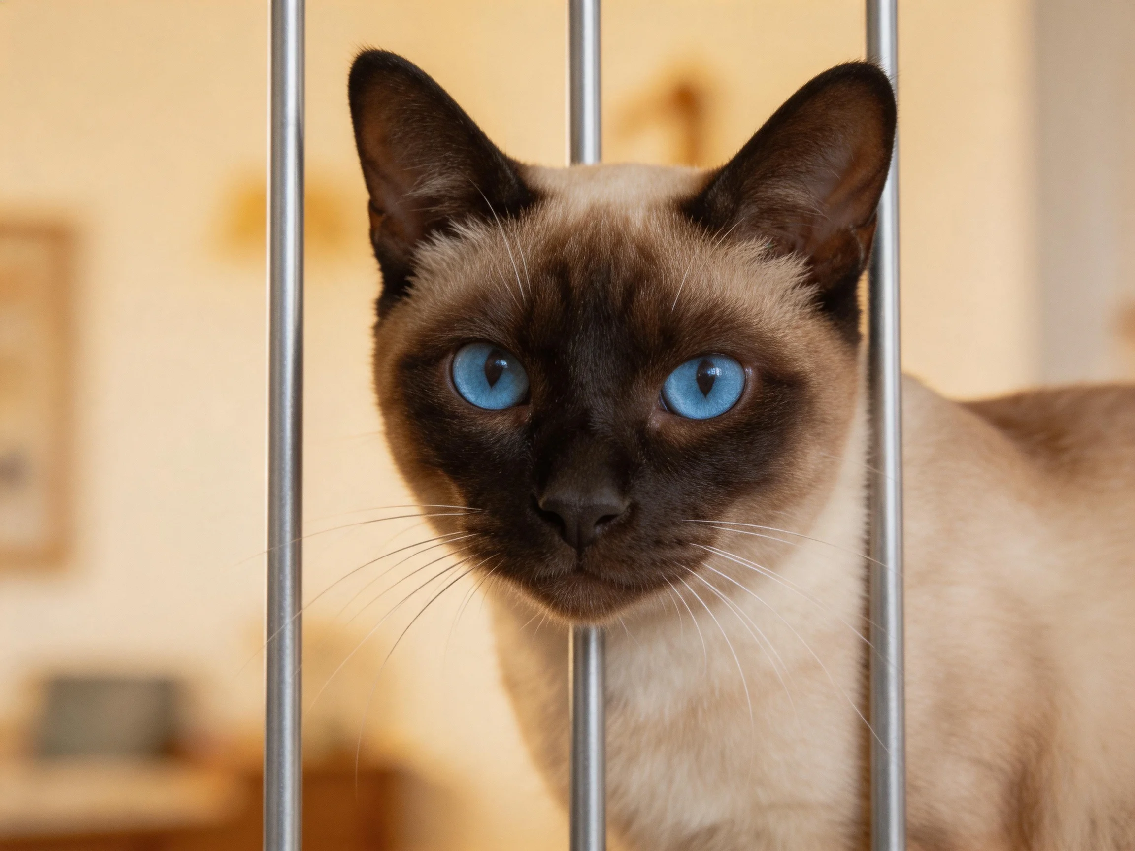 A Siamese cat with vivid blue eyes observes from behind vertical metal bars.