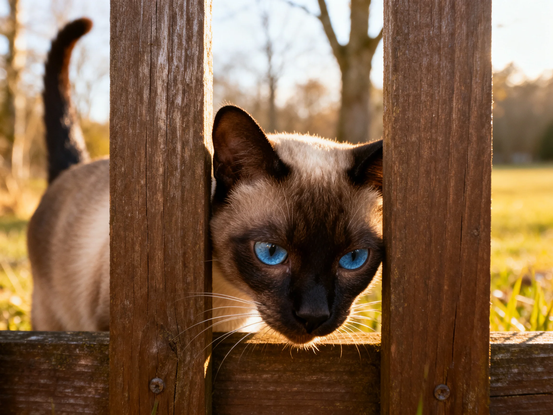 A Siamese cat with bright blue eyes peeks through a wooden fence