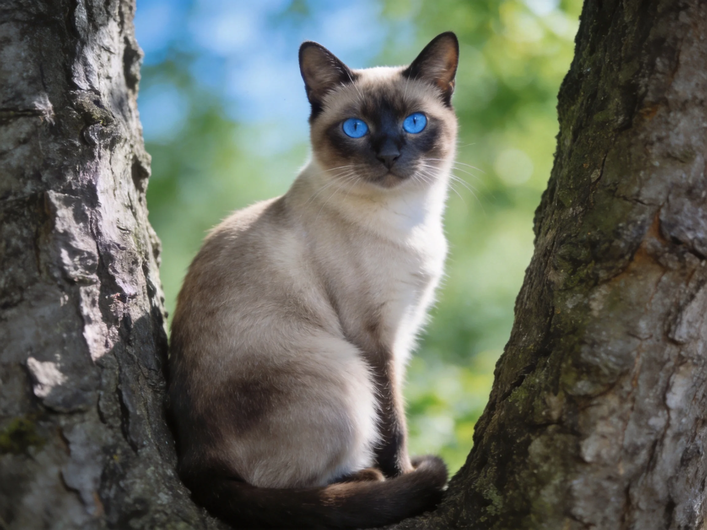 A Siamese cat with blue eyes sits between two tree trunks in a sunlit outdoor setting.