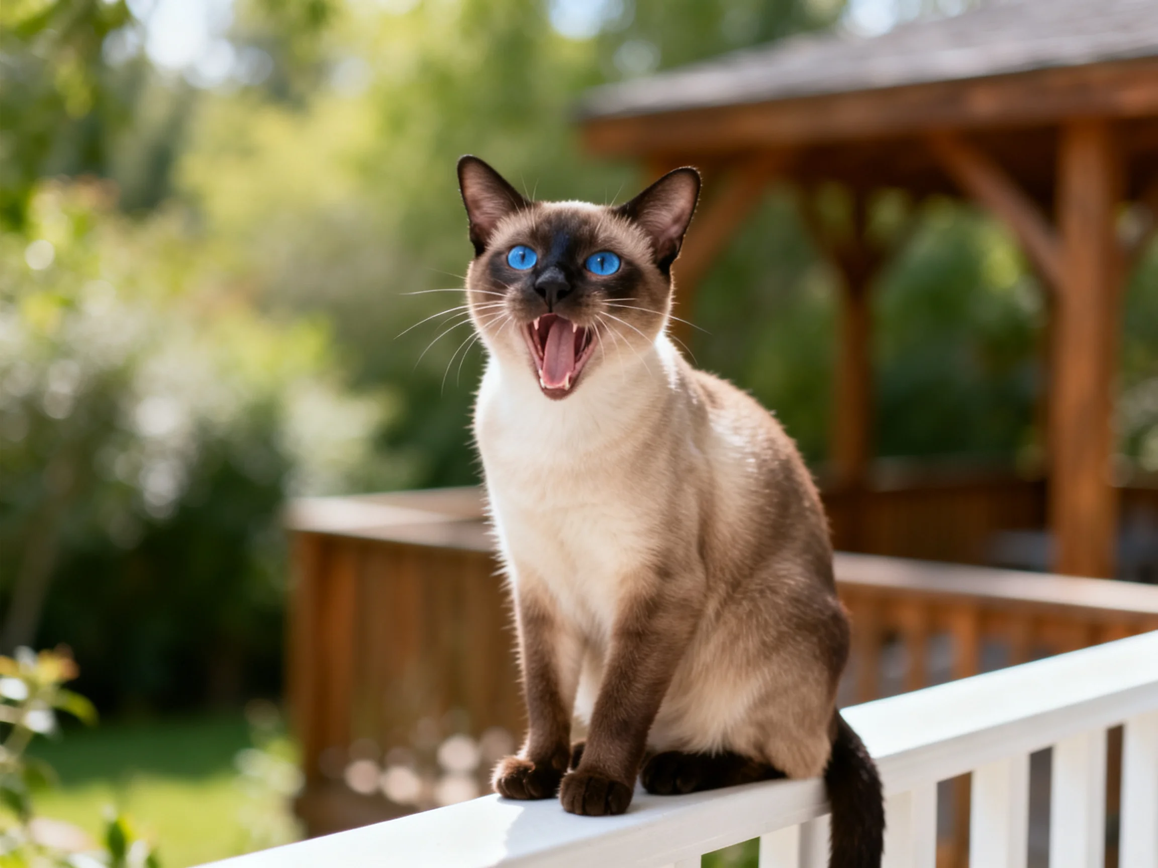 A Siamese cat with blue eyes sits on a white fence in a sunny outdoor area.