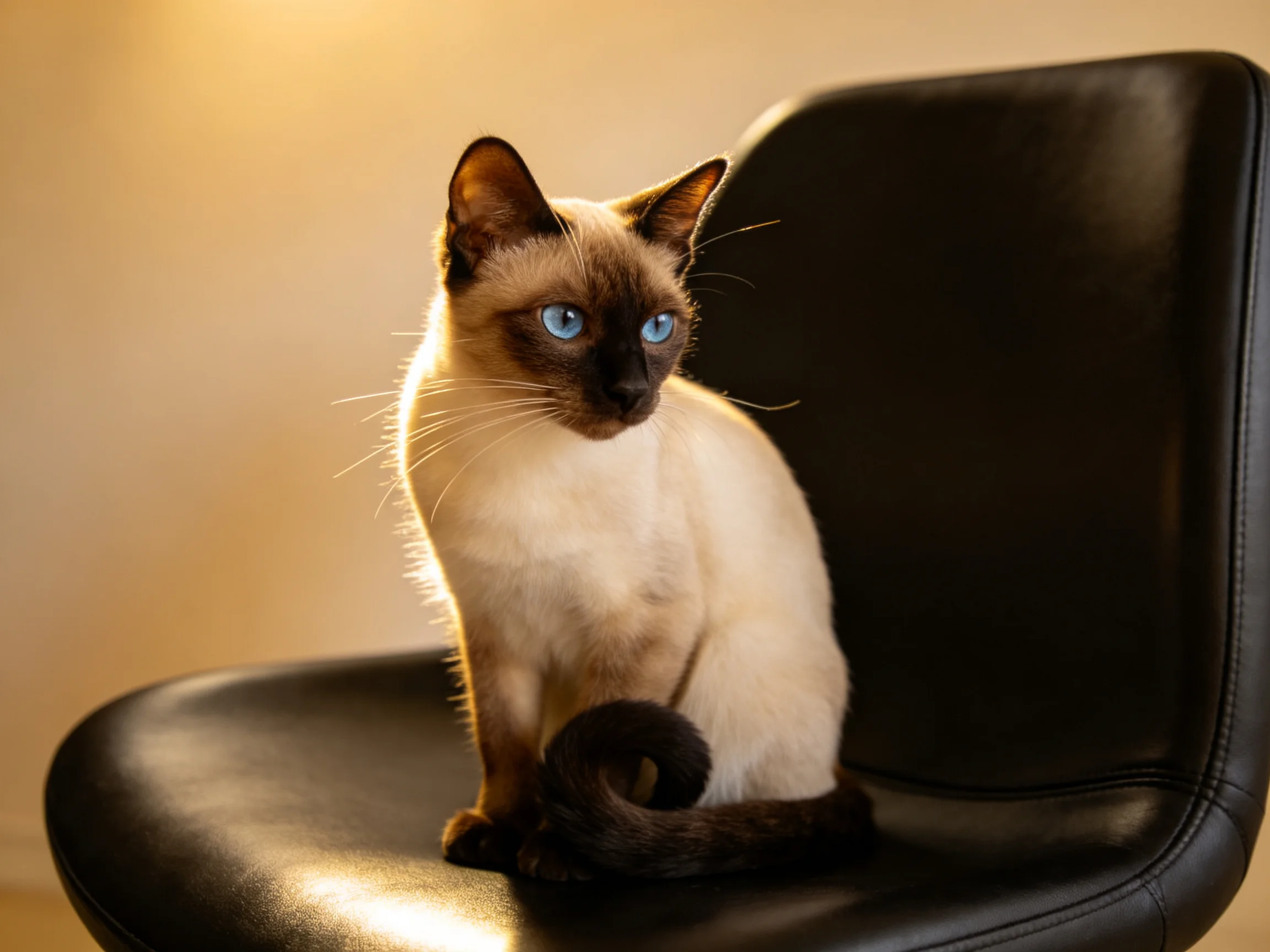 A Siamese cat with blue eyes sits atop a sleek black leather chair.
