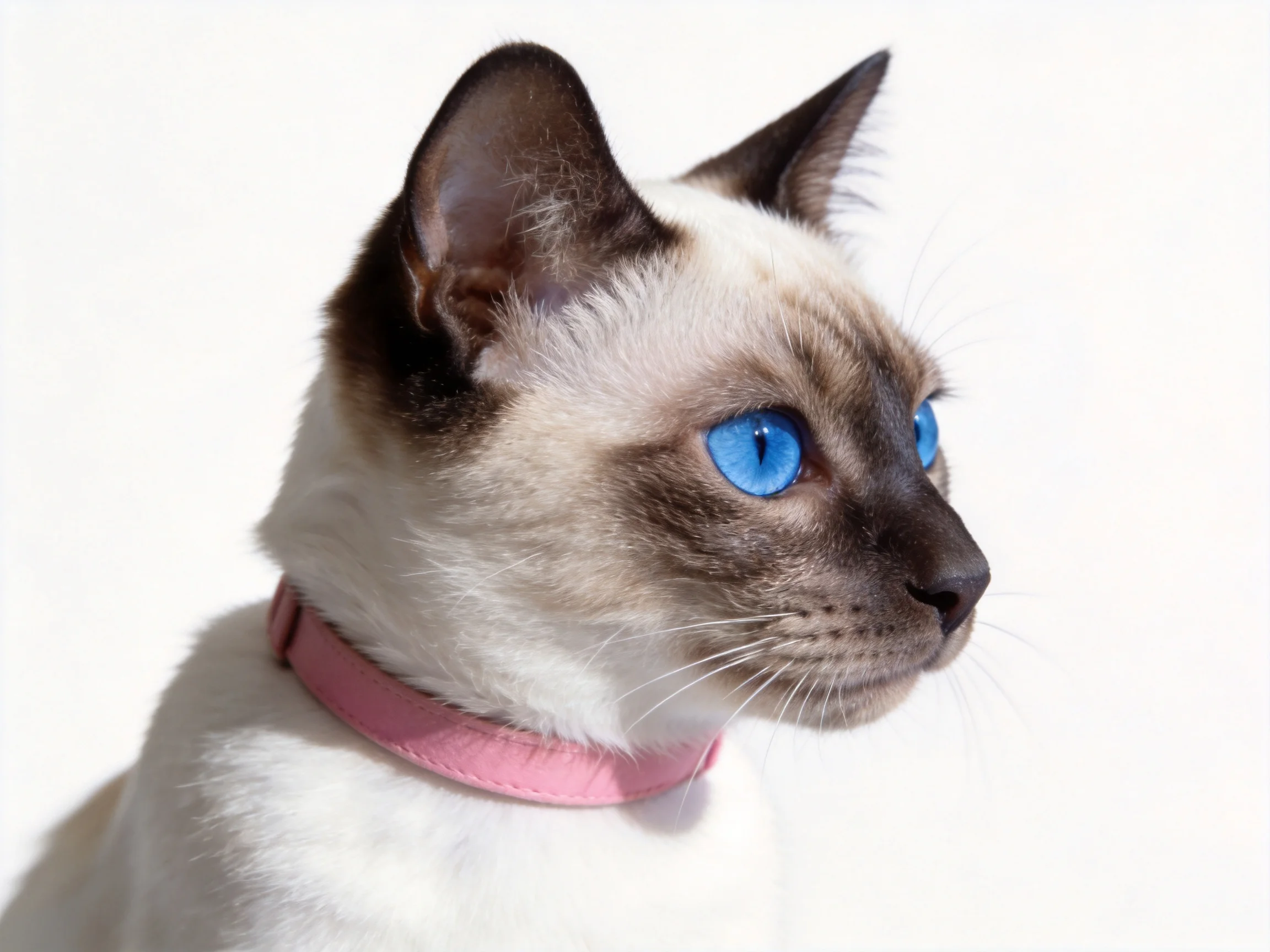 A Siamese cat with bright blue eyes and a pink collar is displayed against a white background.