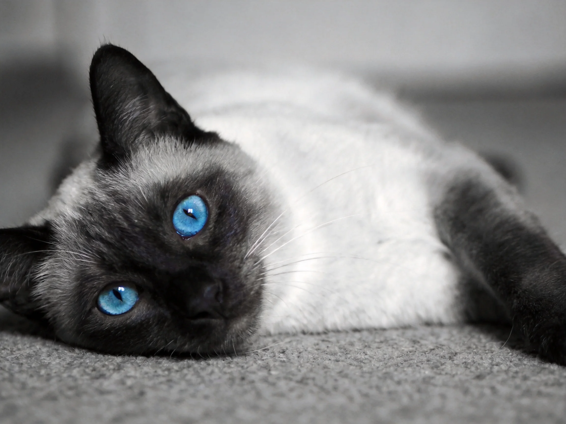 A Siamese cat with bright blue eyes rests on a carpet