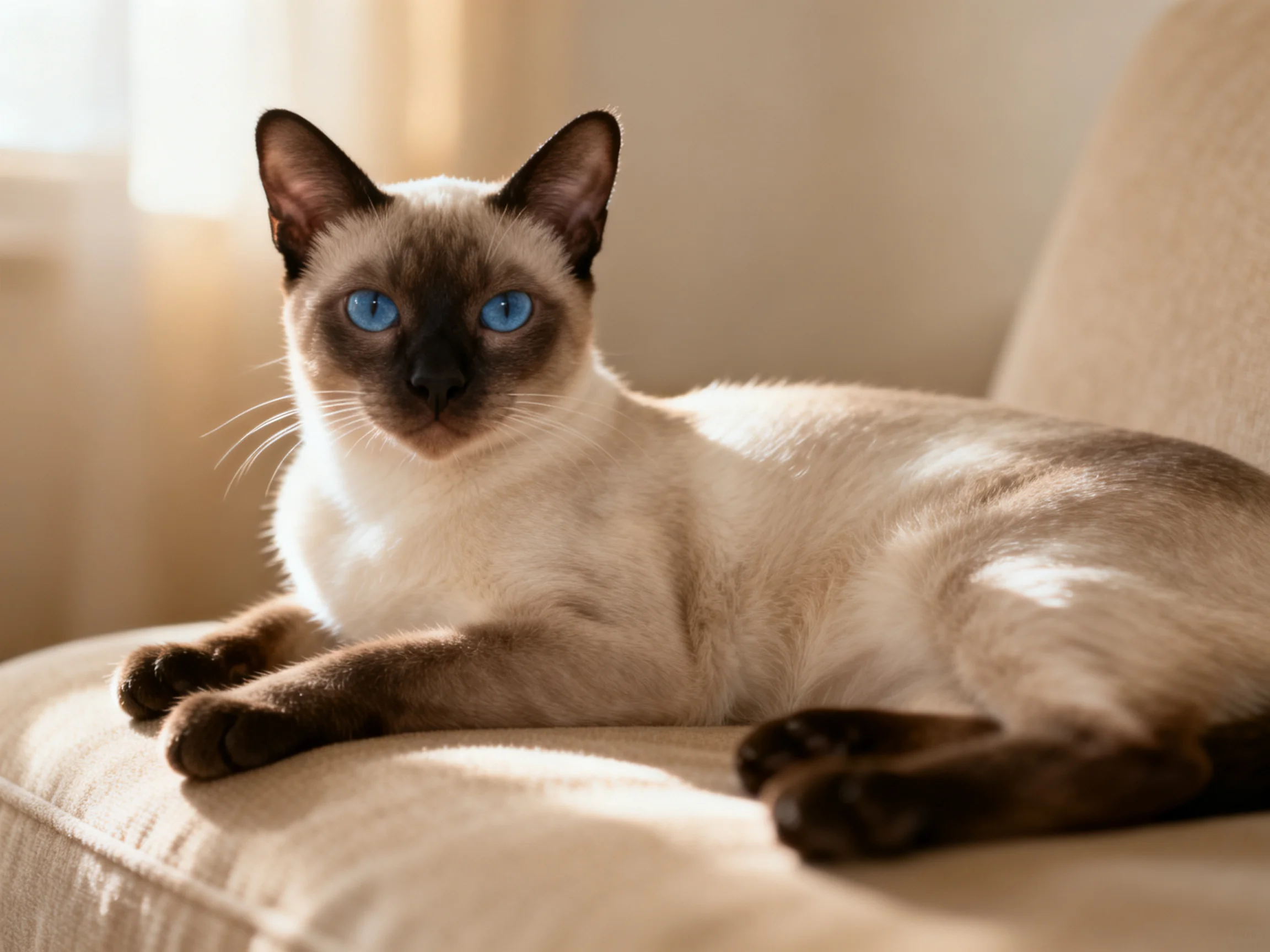 A Siamese cat with blue eyes rests on a beige couch.