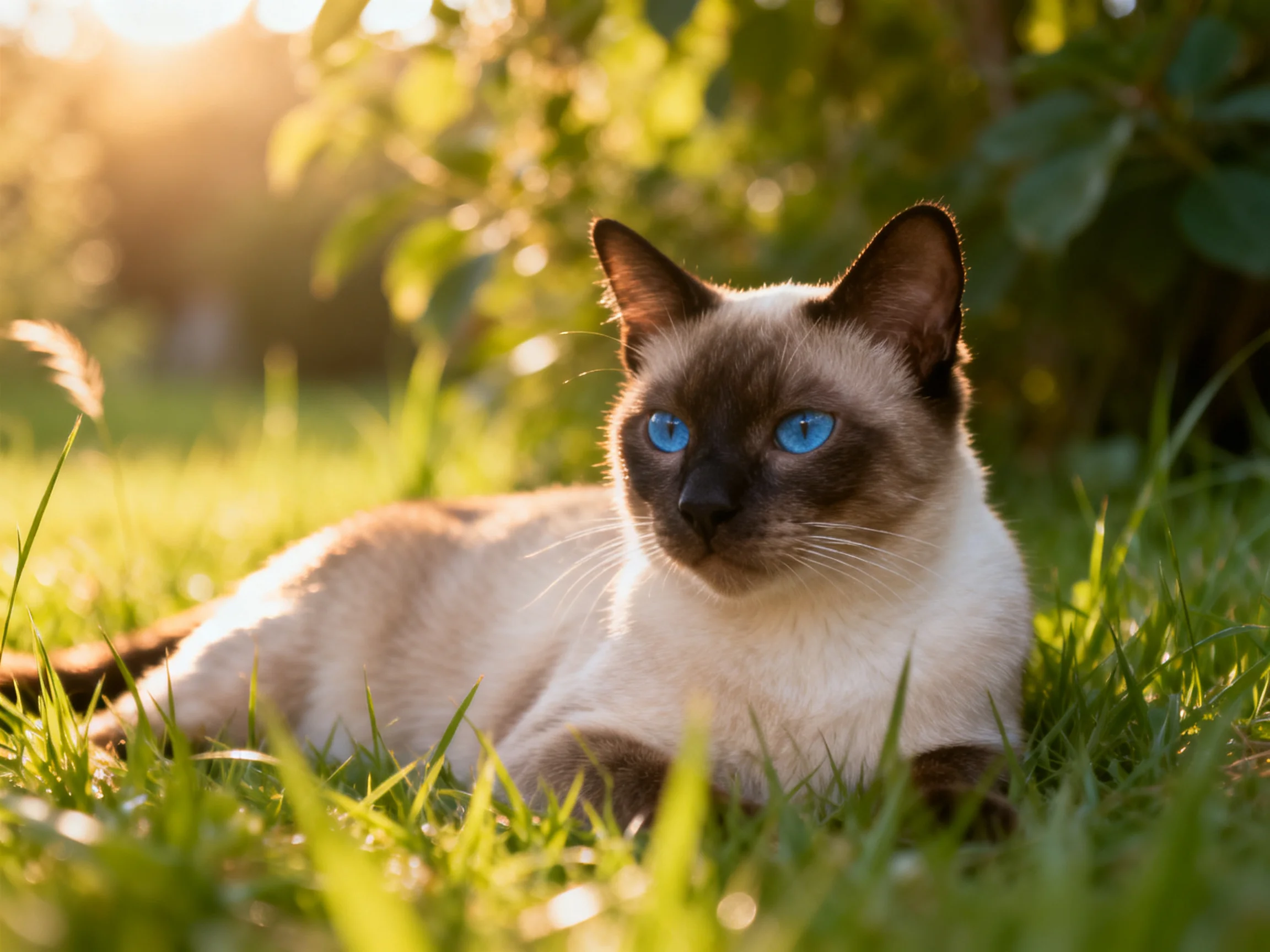 A Siamese cat with vivid blue eyes relaxes in sunlit grass and foliage.