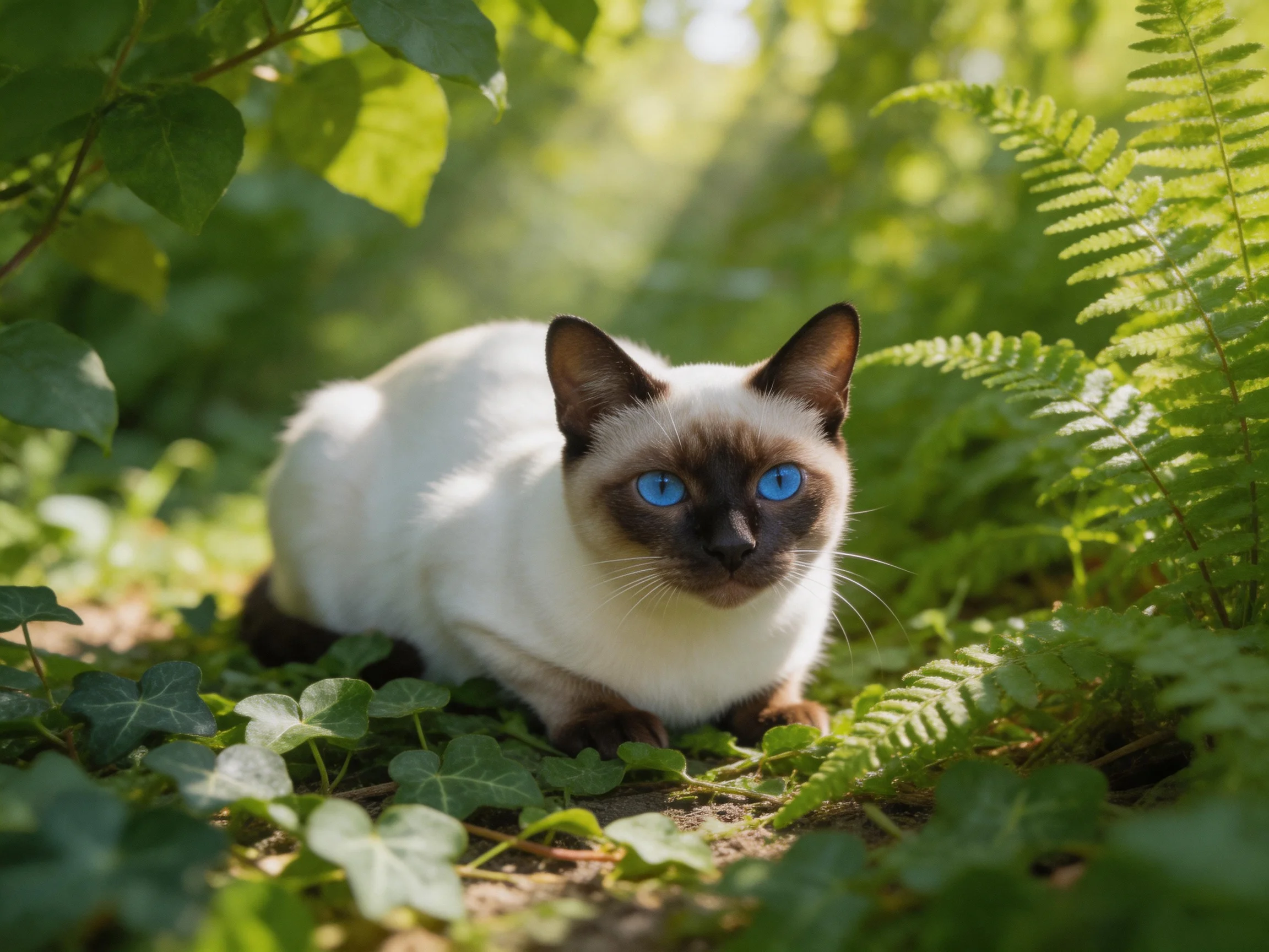 A Siamese cat with bright blue eyes rests among lush green foliage