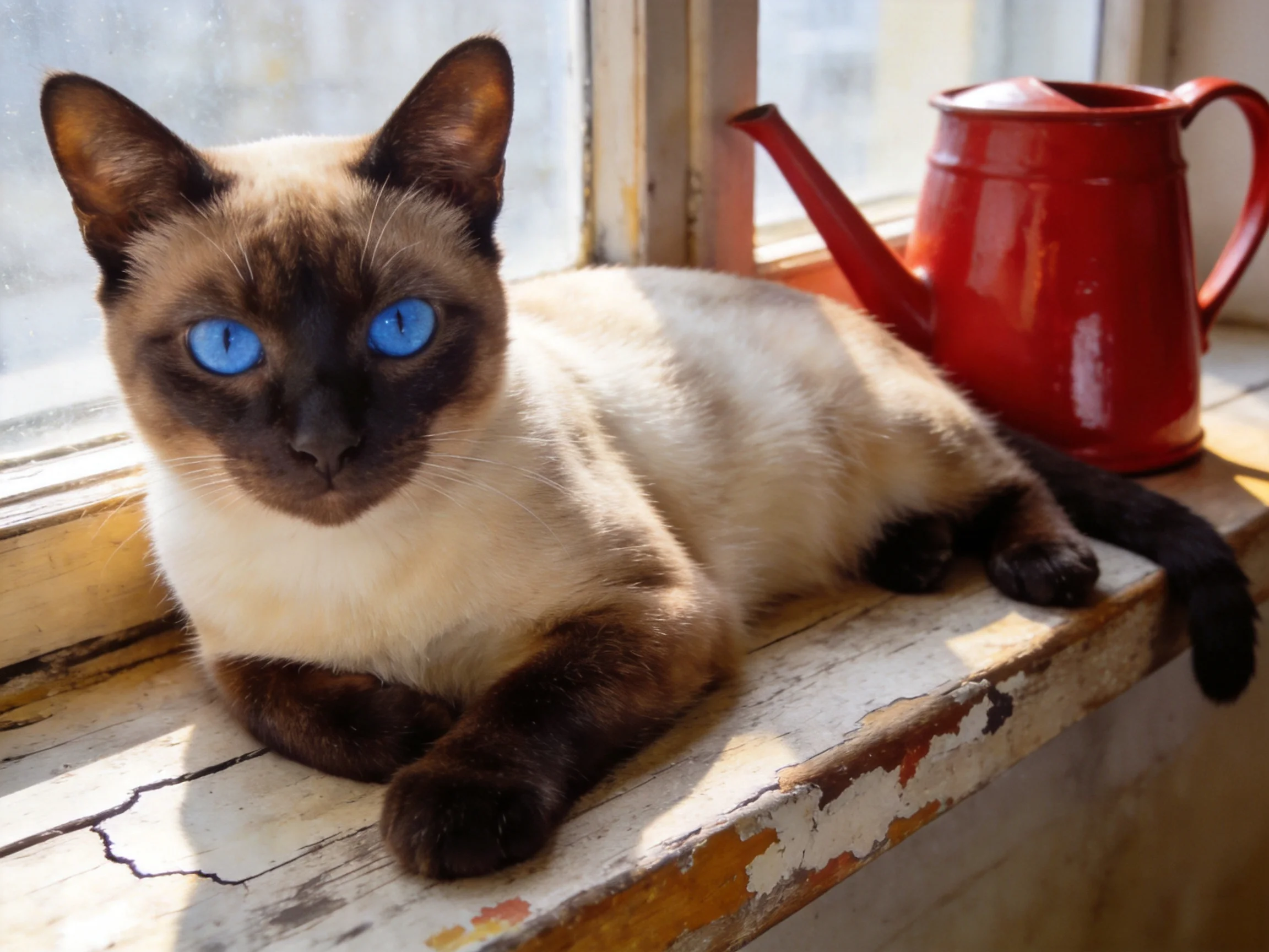 A Siamese cat with bright blue eyes relaxes near a red watering can on a worn windowsill.