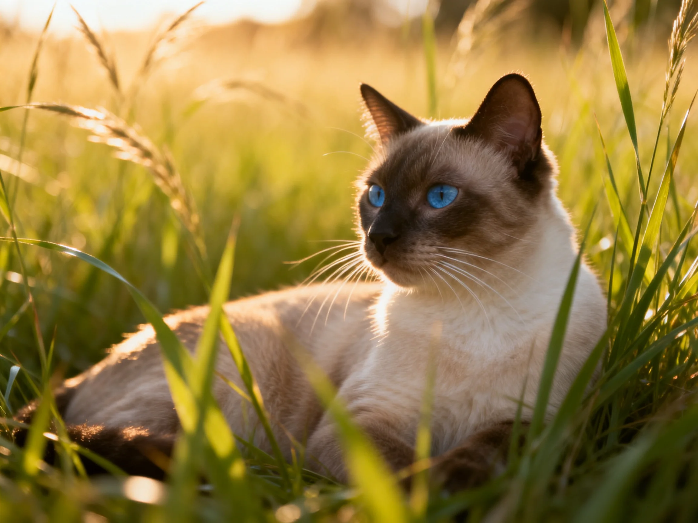 A Siamese cat with bright blue eyes relaxes in sunlit tall grass.
