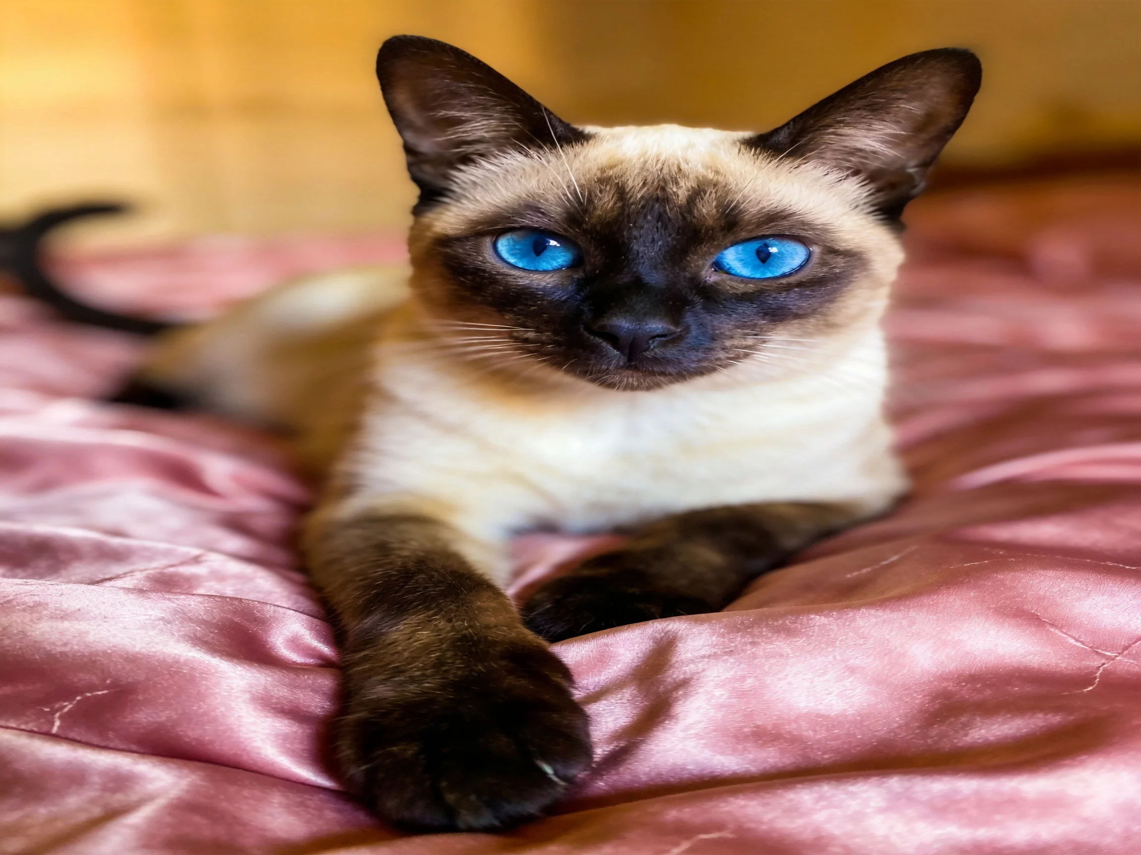 A Siamese cat with vivid blue eyes relaxes on a pink fabric surface.
