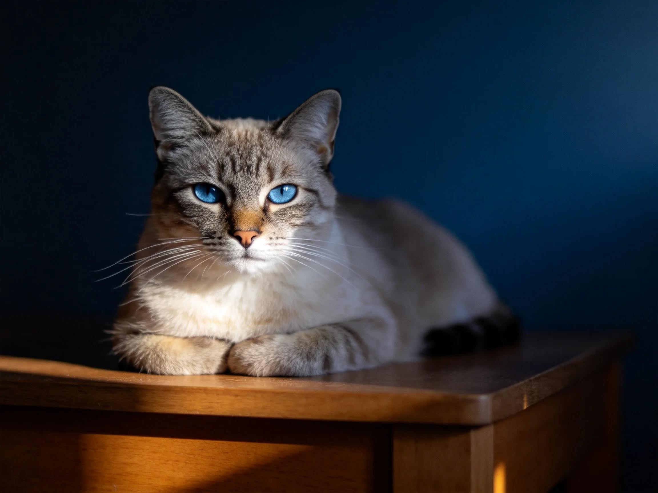 A Siamese cat with blue eyes relaxes on a wooden table