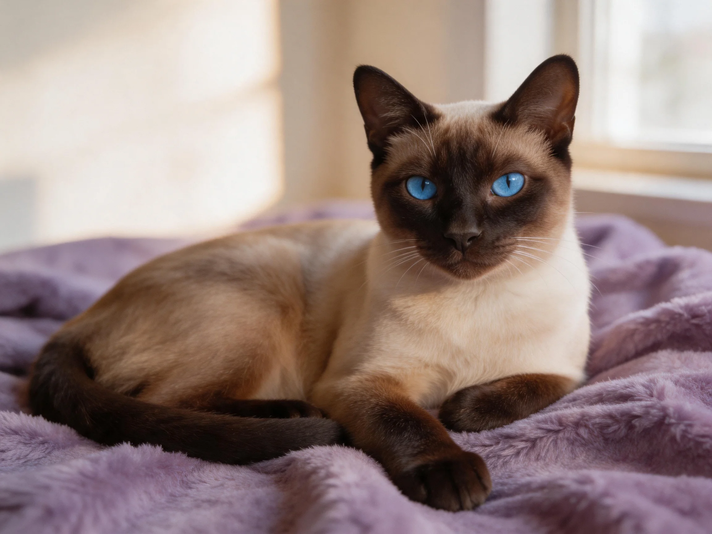 A Siamese cat with bright blue eyes relaxes on a soft purple blanket near a sunlit window.