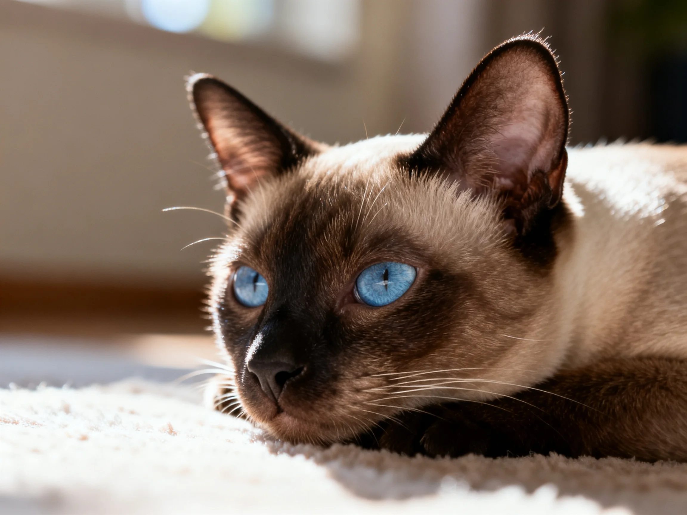 A Siamese cat with blue eyes rests on a soft carpet in a sunlit room.