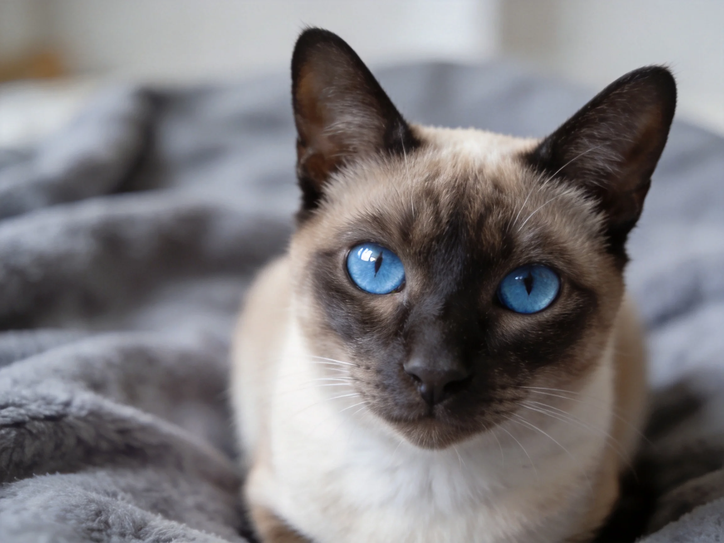 A Siamese cat with bright blue eyes sits on a soft gray blanket.