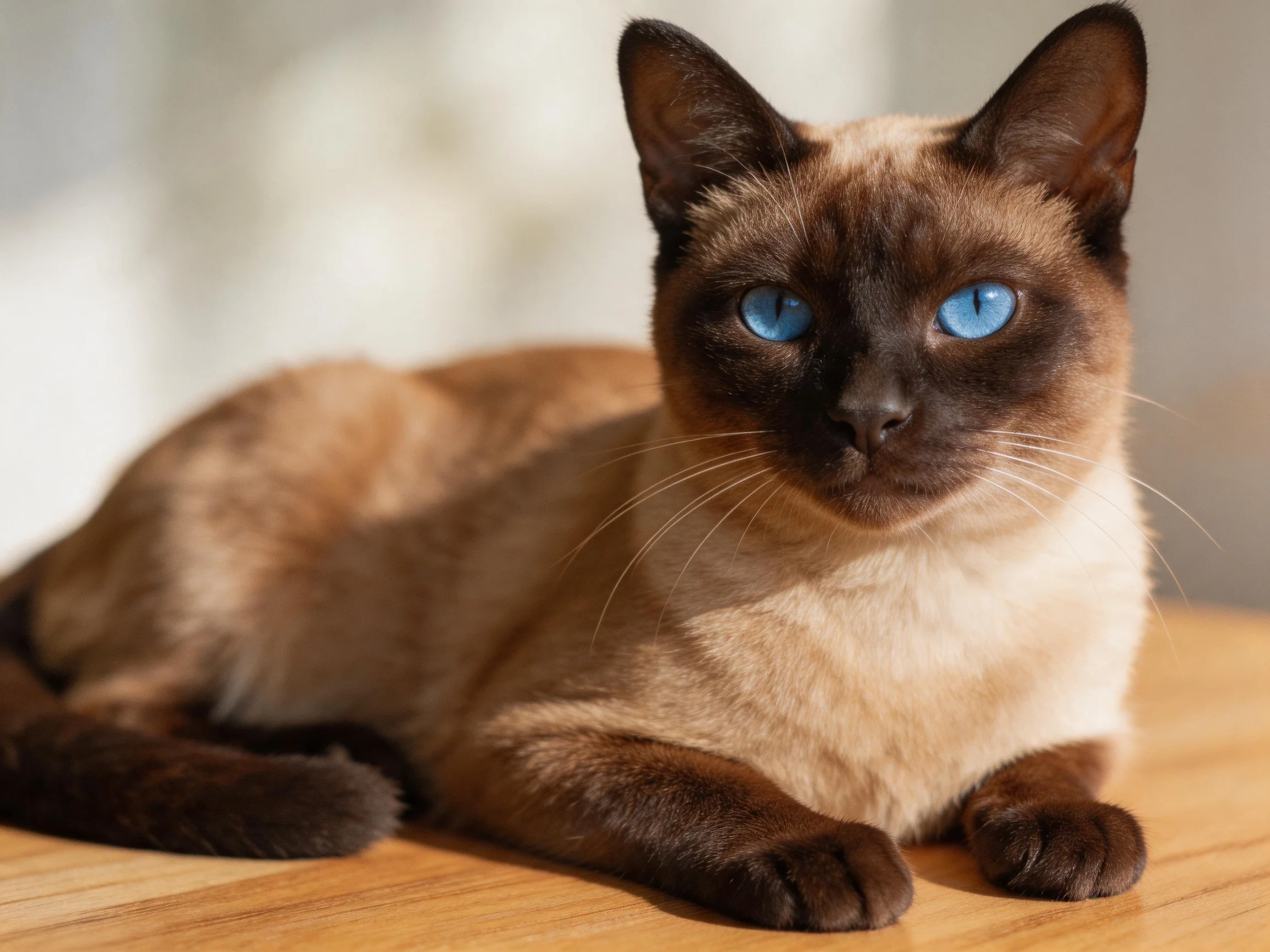 A Siamese cat with blue eyes relaxes on a wooden table