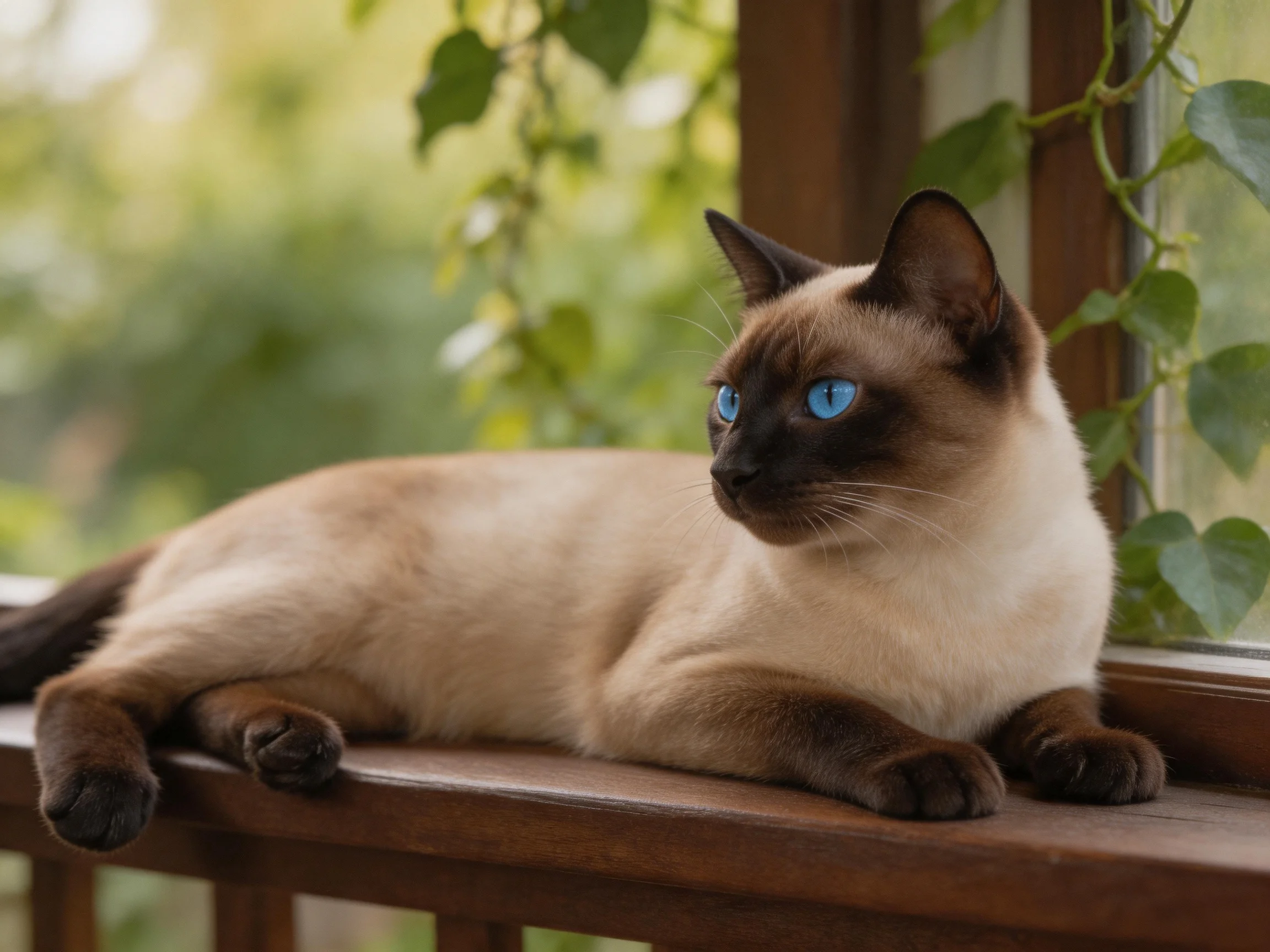 A Siamese cat with blue eyes relaxes on a wooden windowsill beside greenery