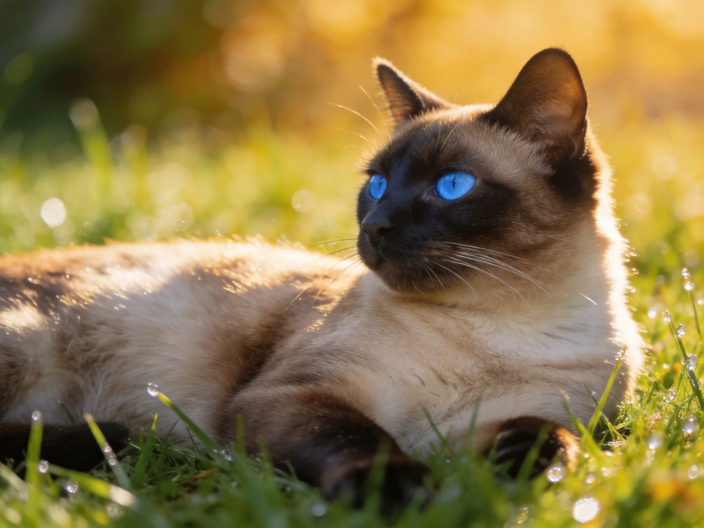 A Siamese cat with blue eyes relaxes on grass in a sunlit area