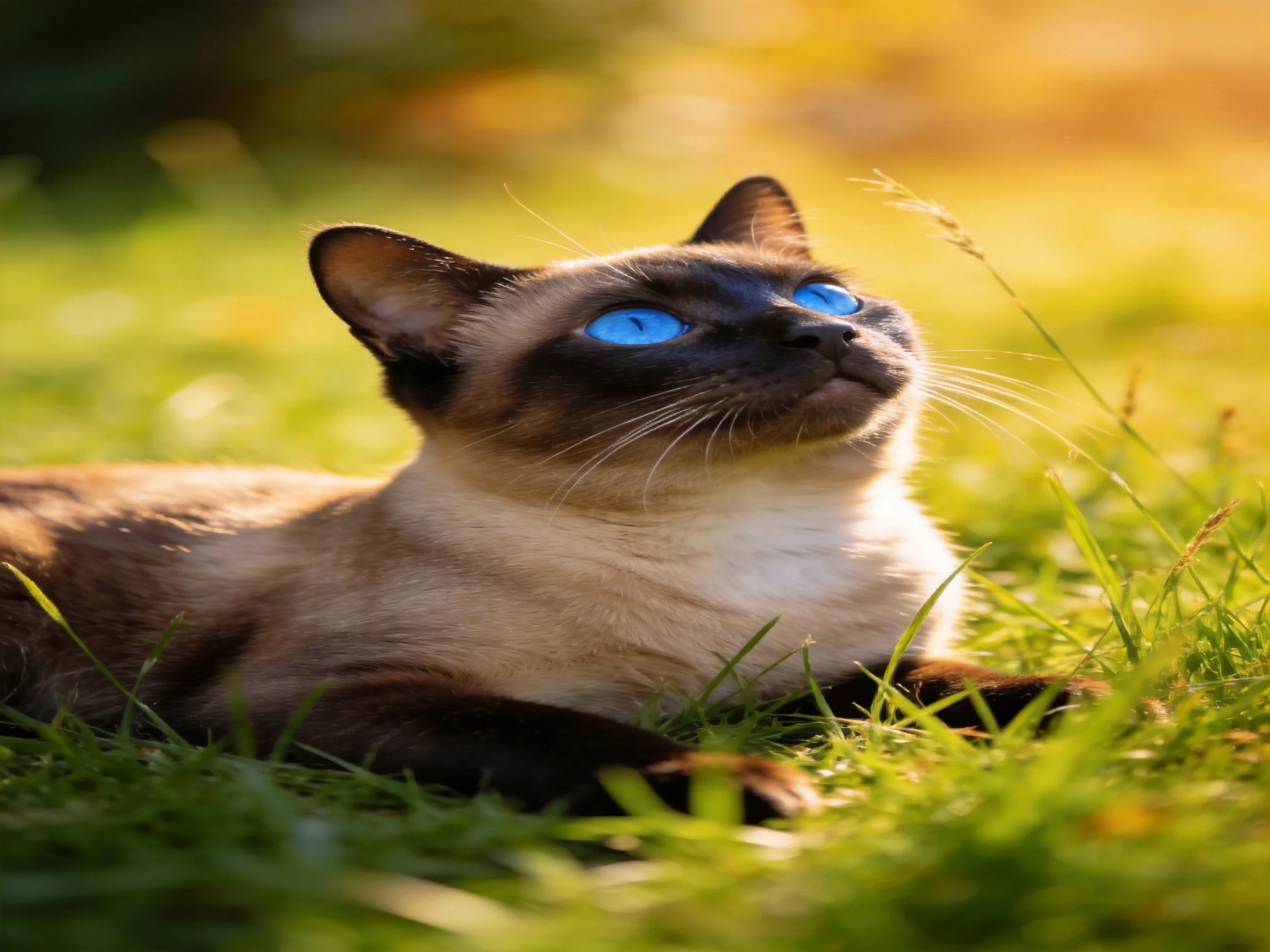 A Siamese cat with bright blue eyes relaxes on sunlit grass.