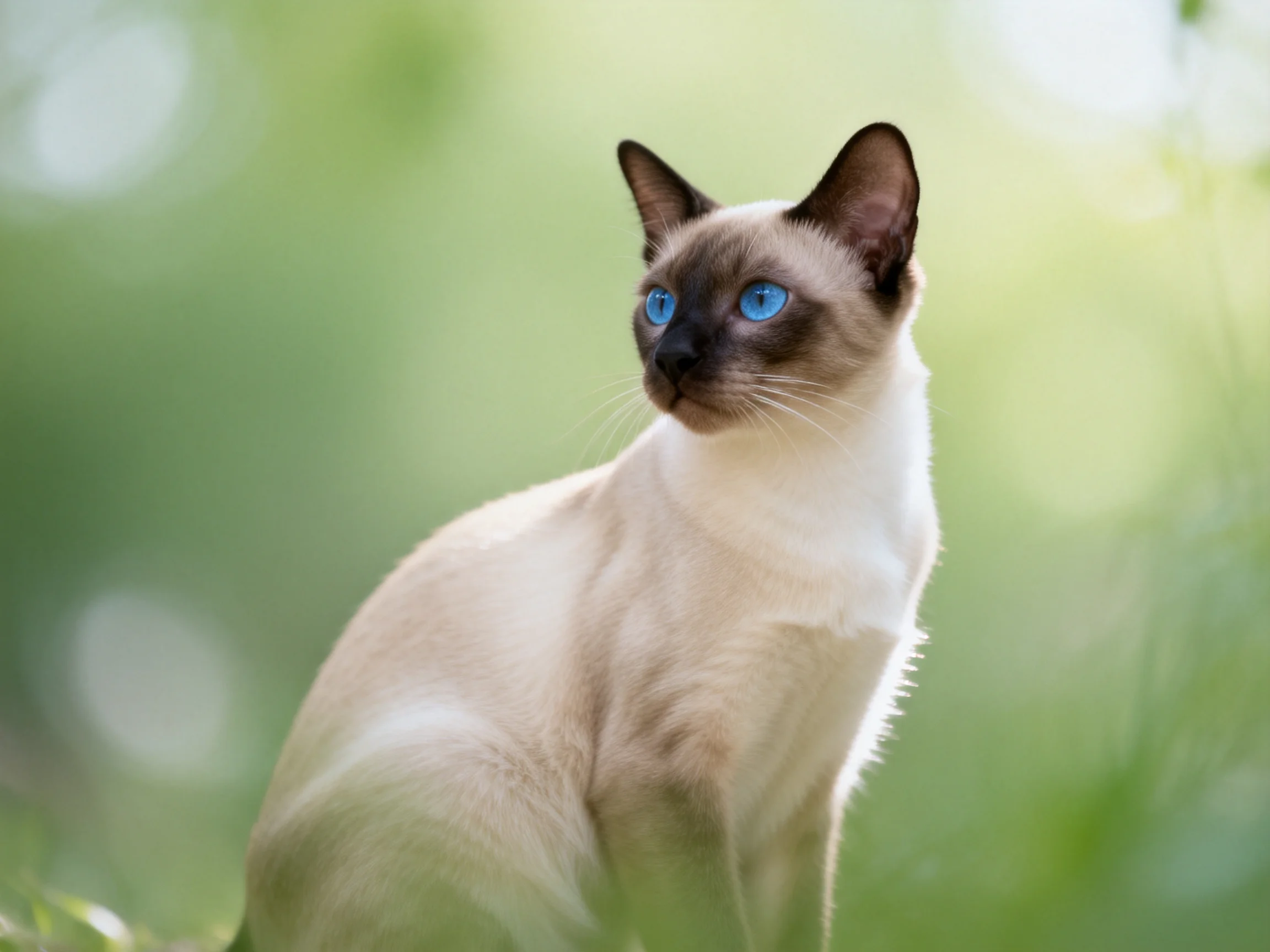 A Siamese cat with bright blue eyes sits amid soft green bokeh.