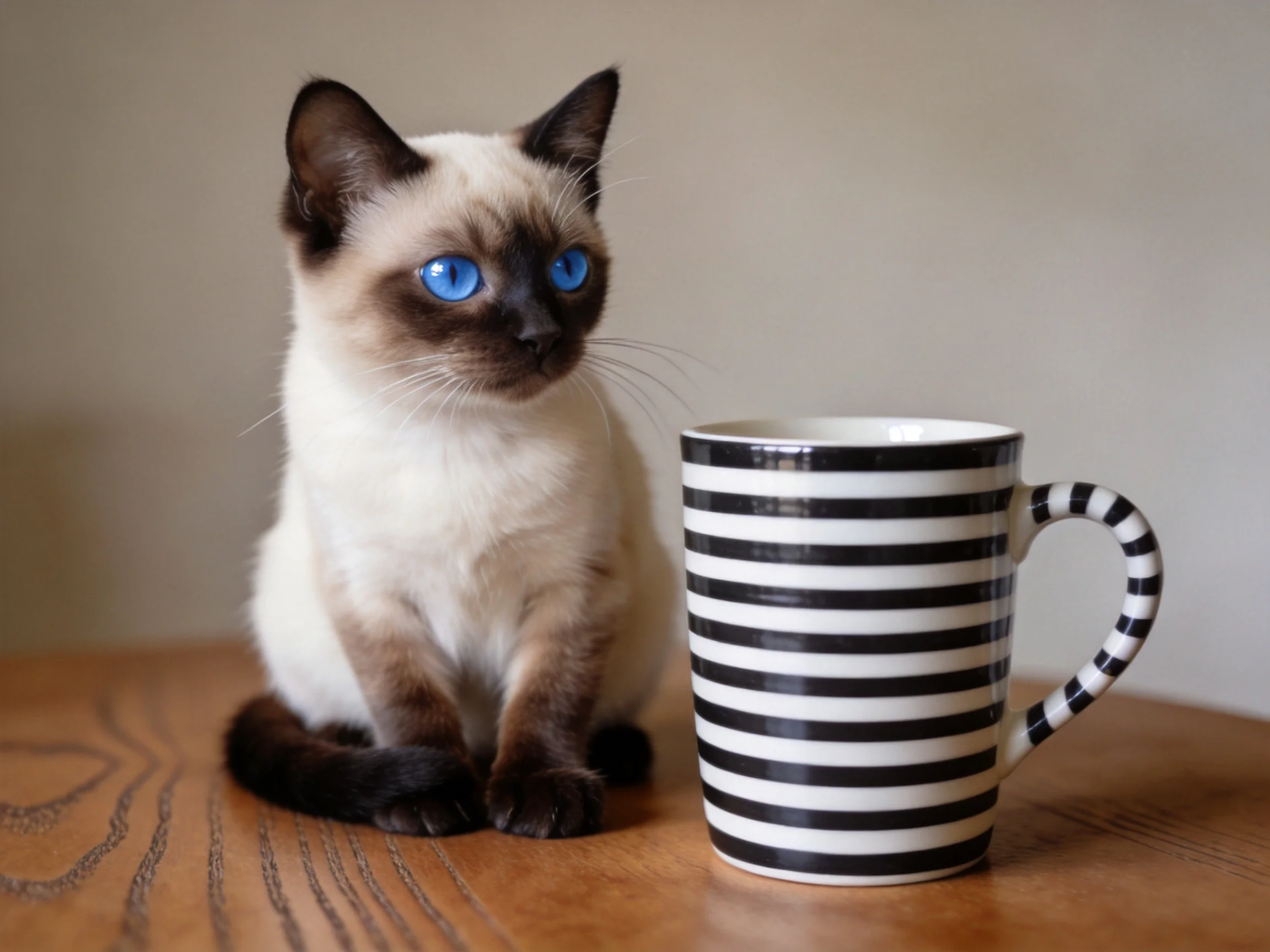 A Siamese cat with blue eyes sits next to a black - white striped mug