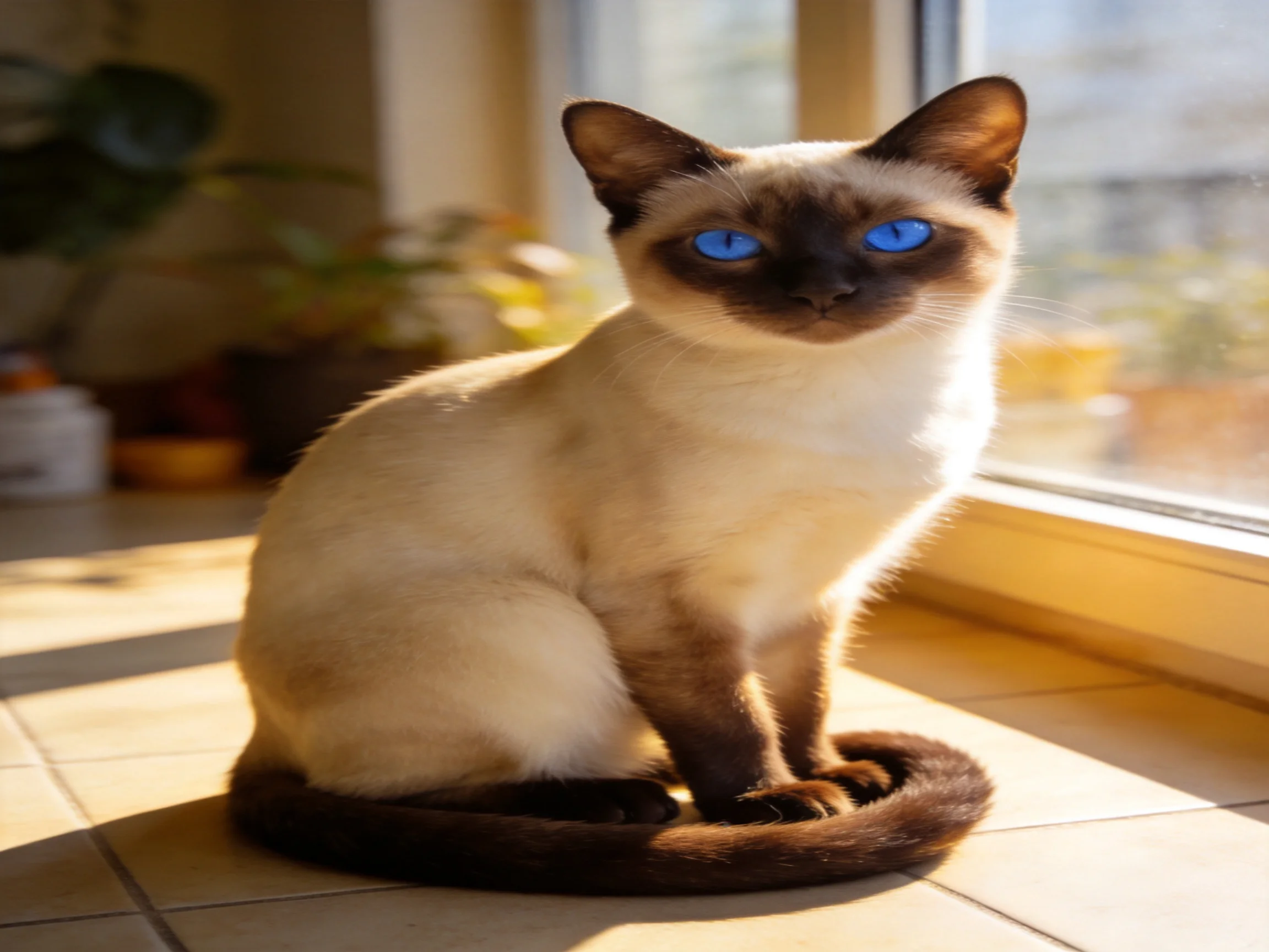 A Siamese cat with blue eyes sits by a sunlit window.
