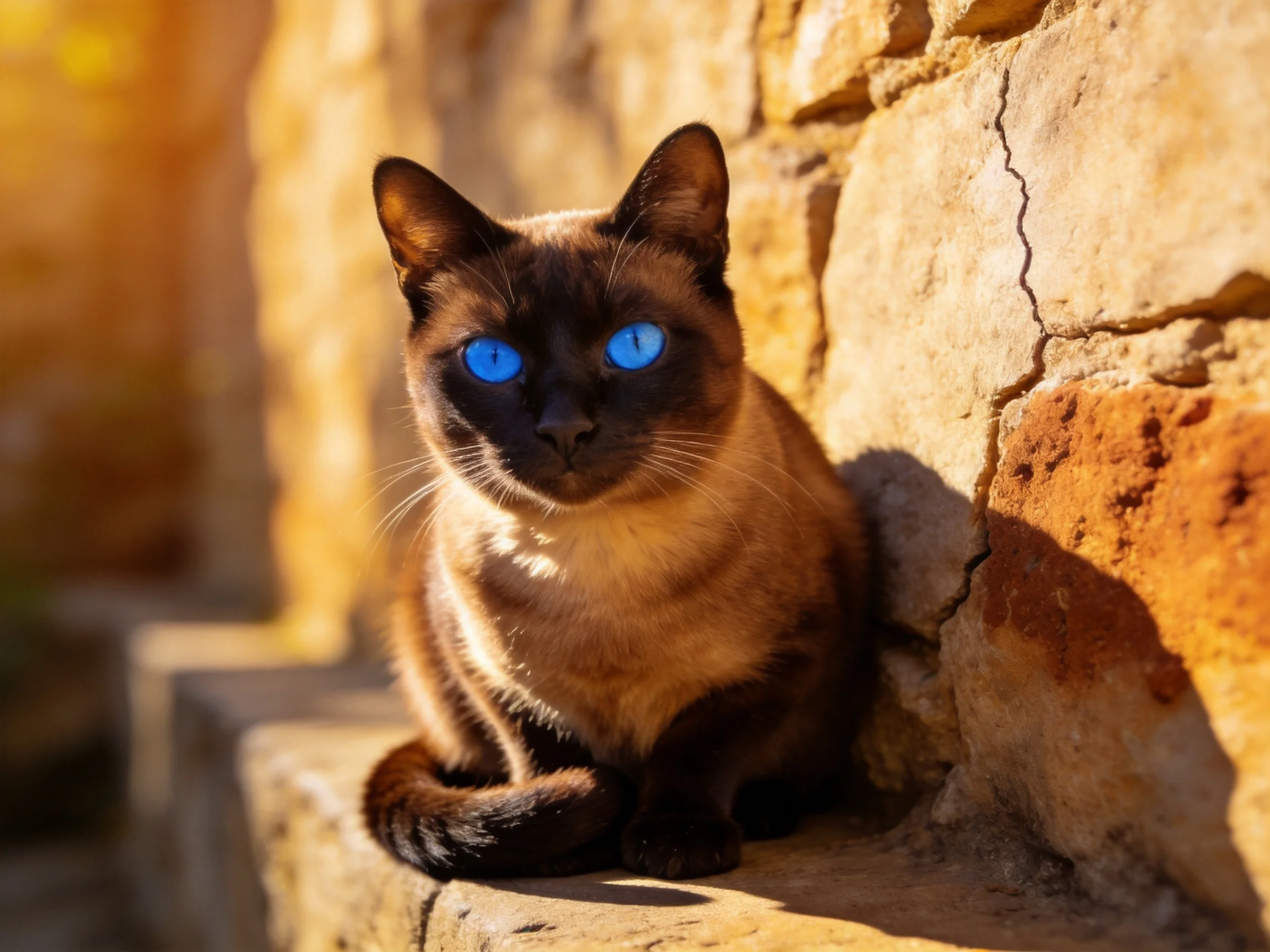A Siamese cat with bright blue eyes sits beside an old stone wall in sunlight.