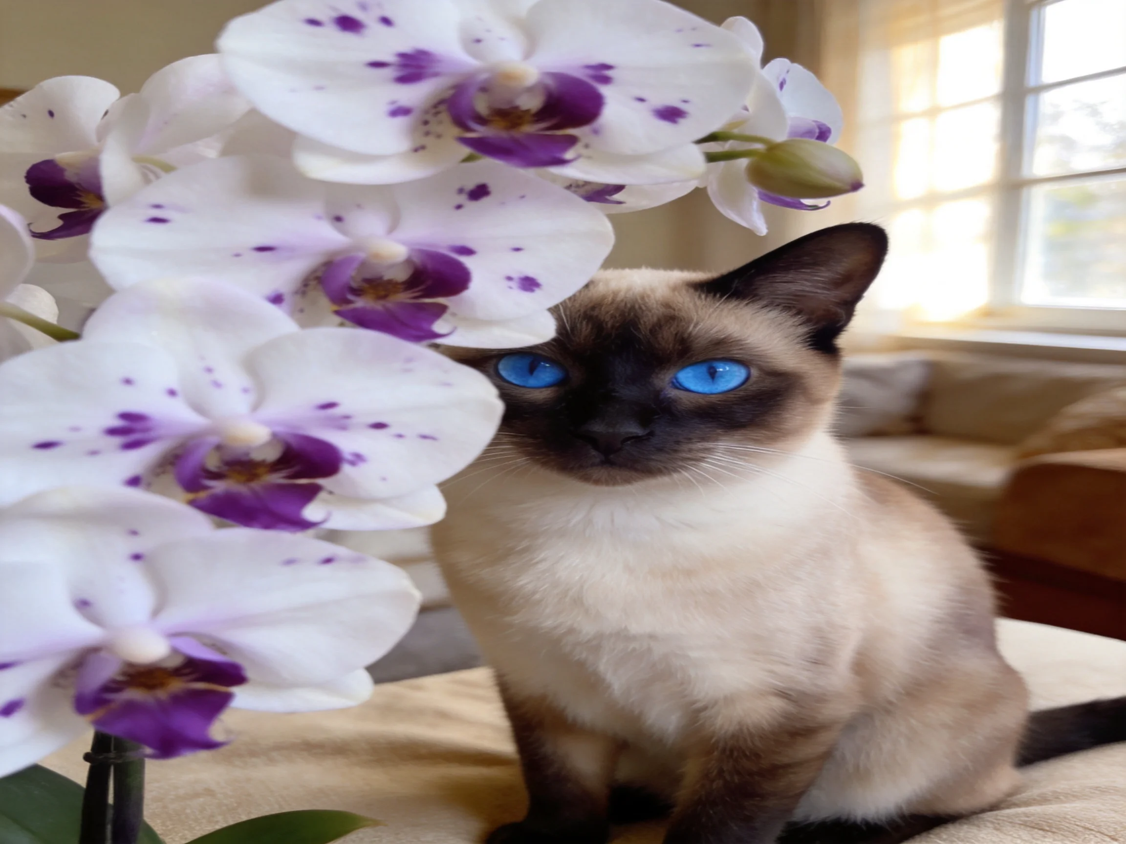 A Siamese cat with bright blue eyes sits near white orchids with purple details