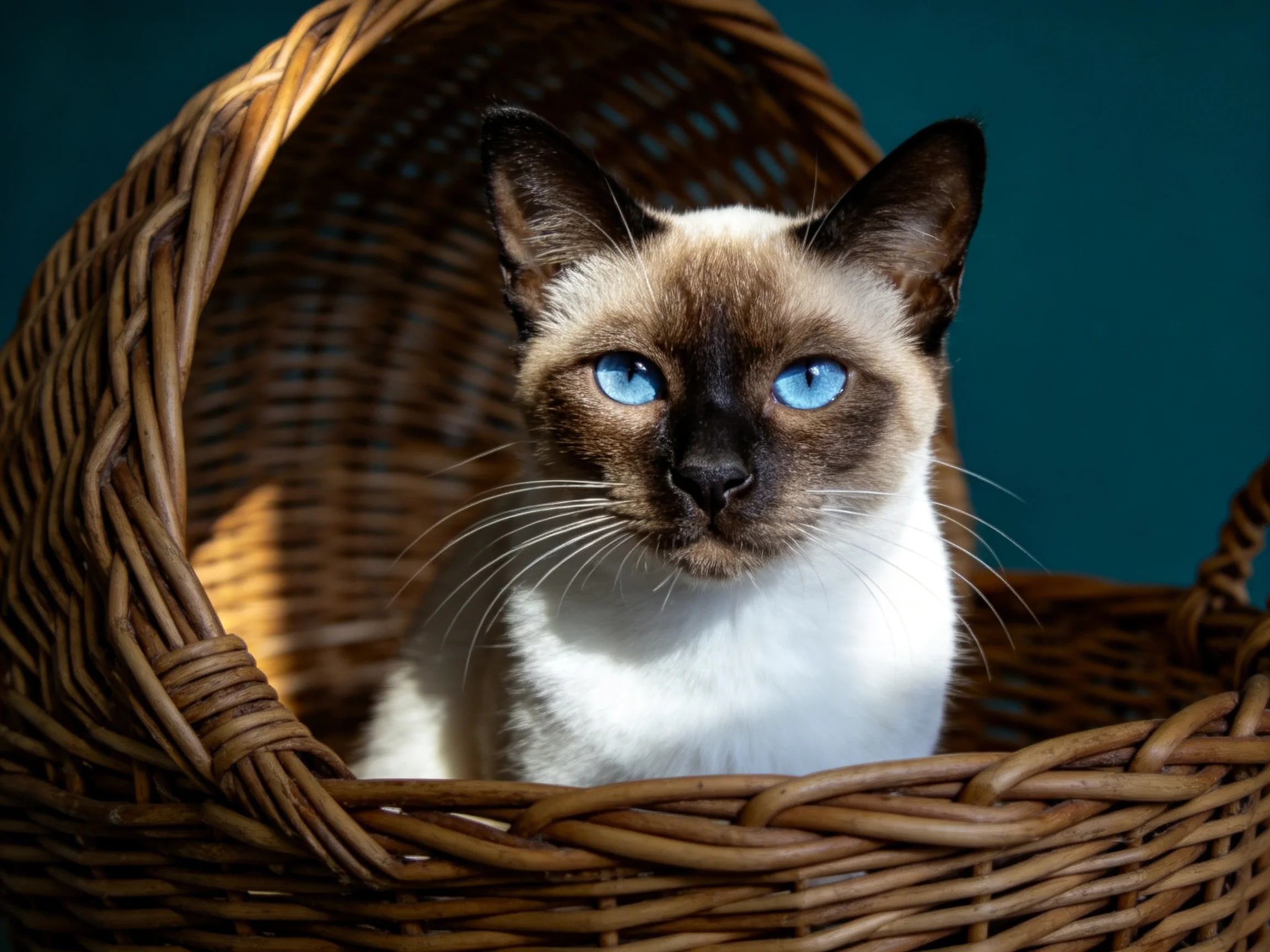 A Siamese cat with blue eyes sits inside a wicker basket