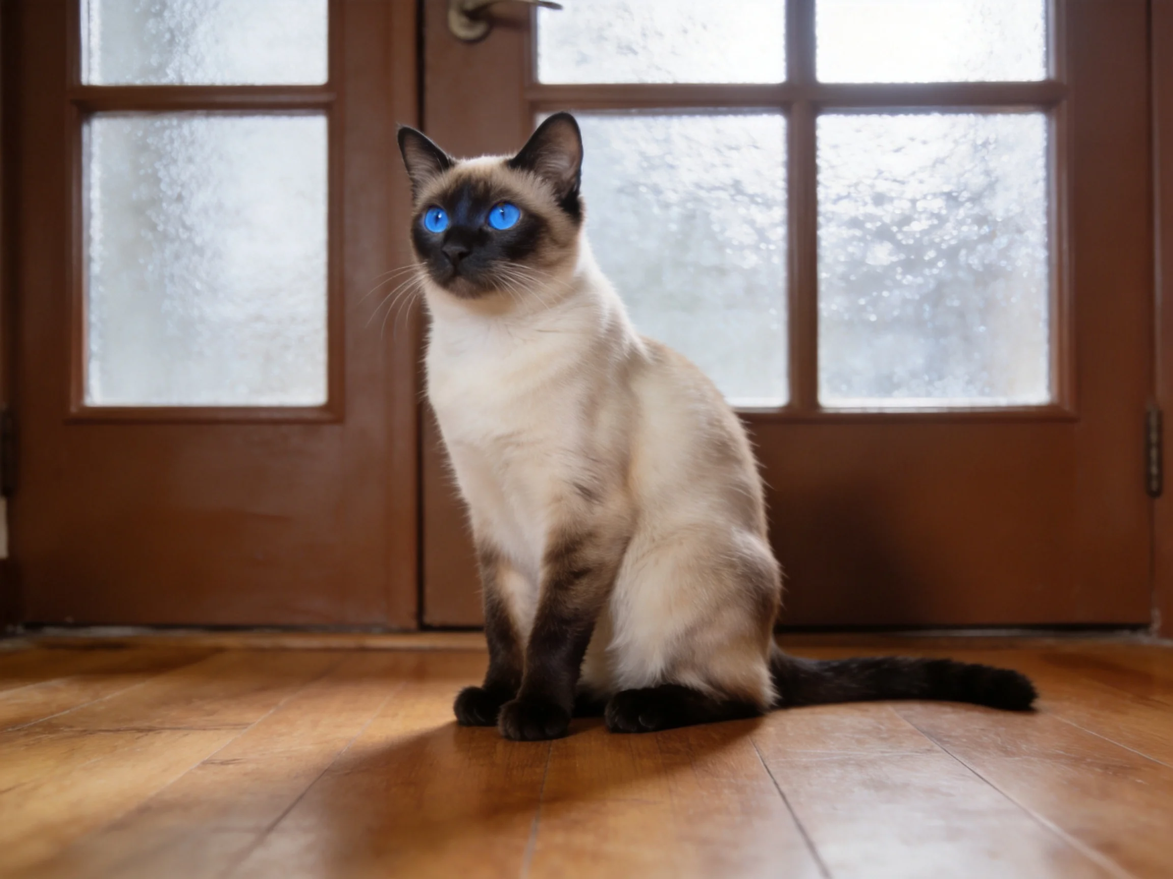 A Siamese cat with blue eyes sits by frosted glass doors