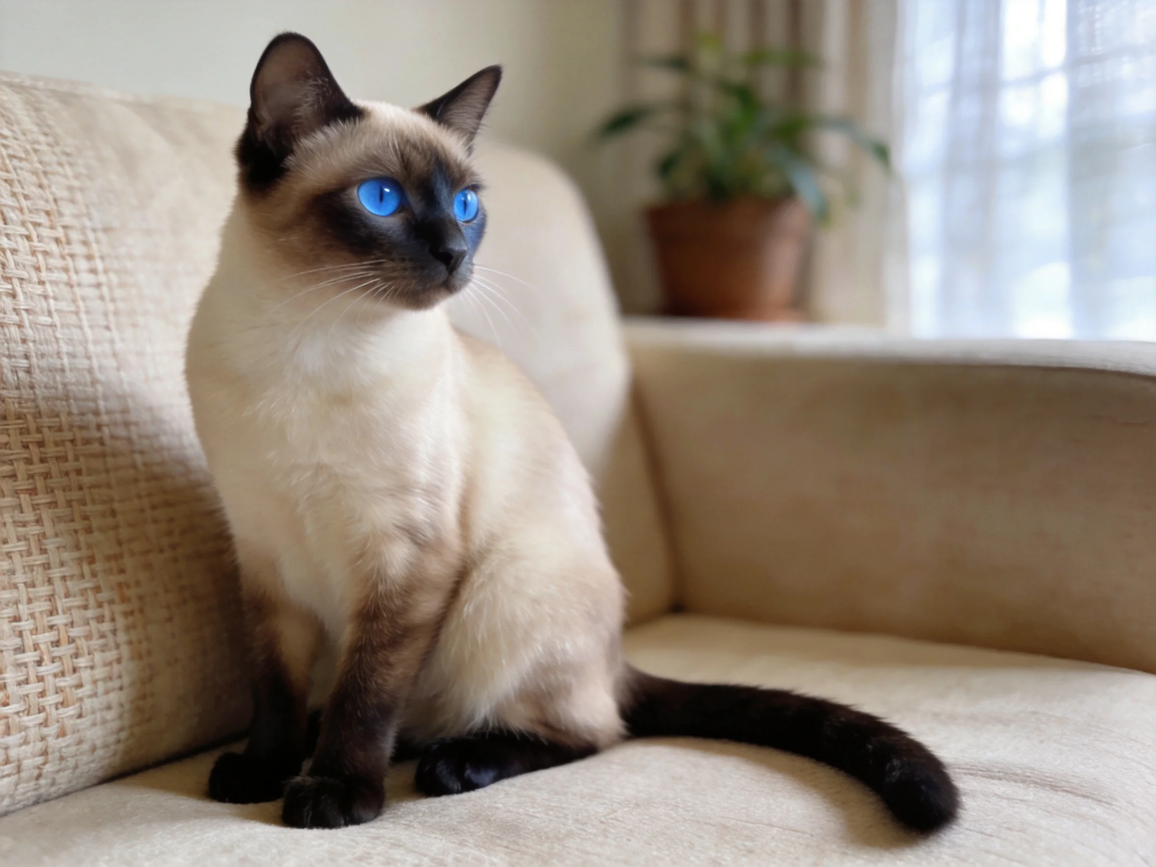 A Siamese cat with bright blue eyes rests on a beige sofa in a sunlit room.