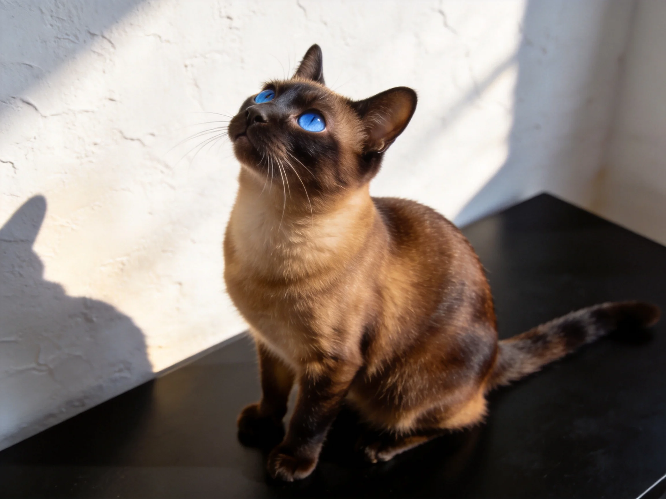 A Siamese cat with blue eyes sits on a black table near a white wall.