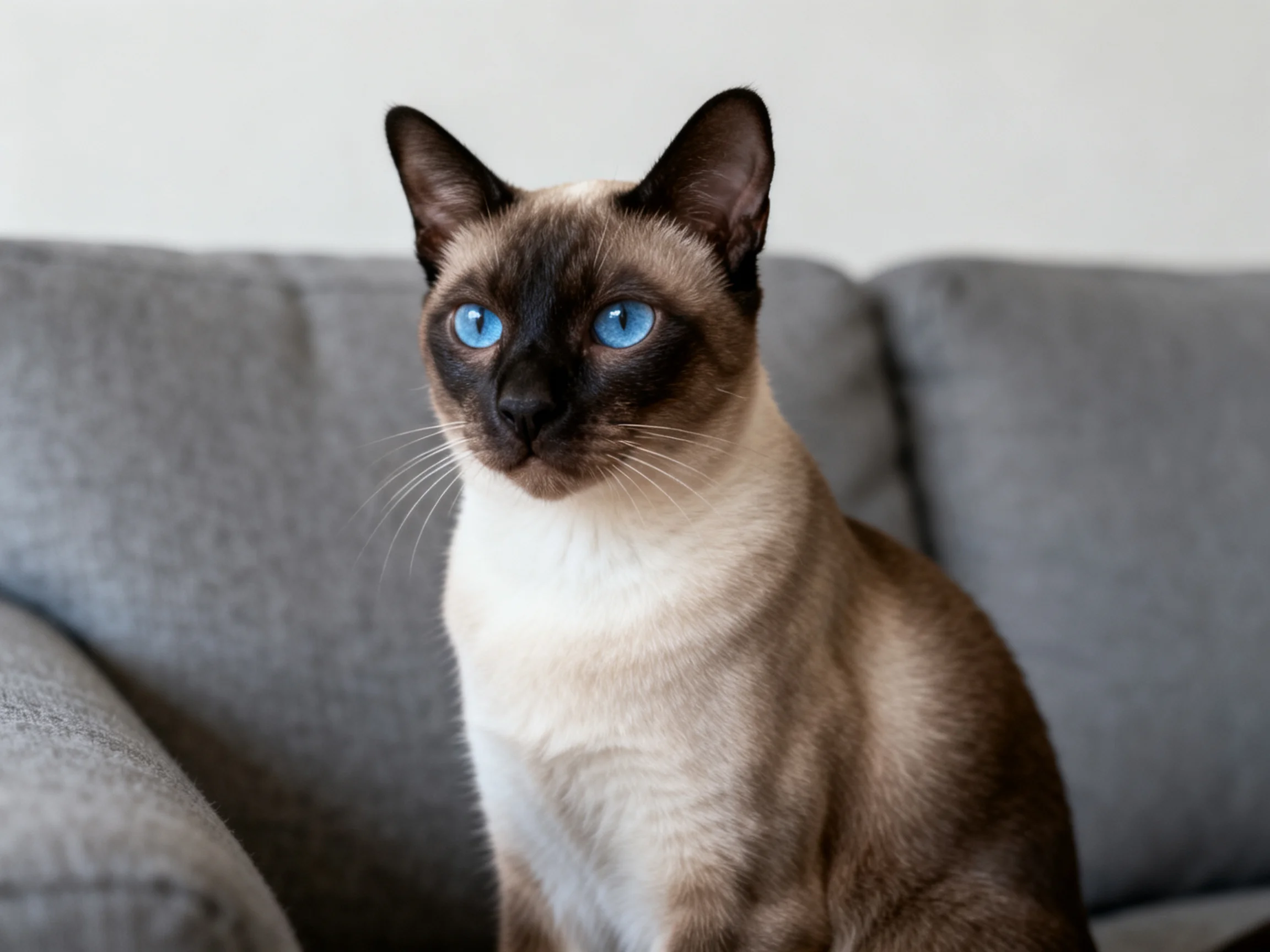 A Siamese cat with blue eyes sits calmly on a gray couch.