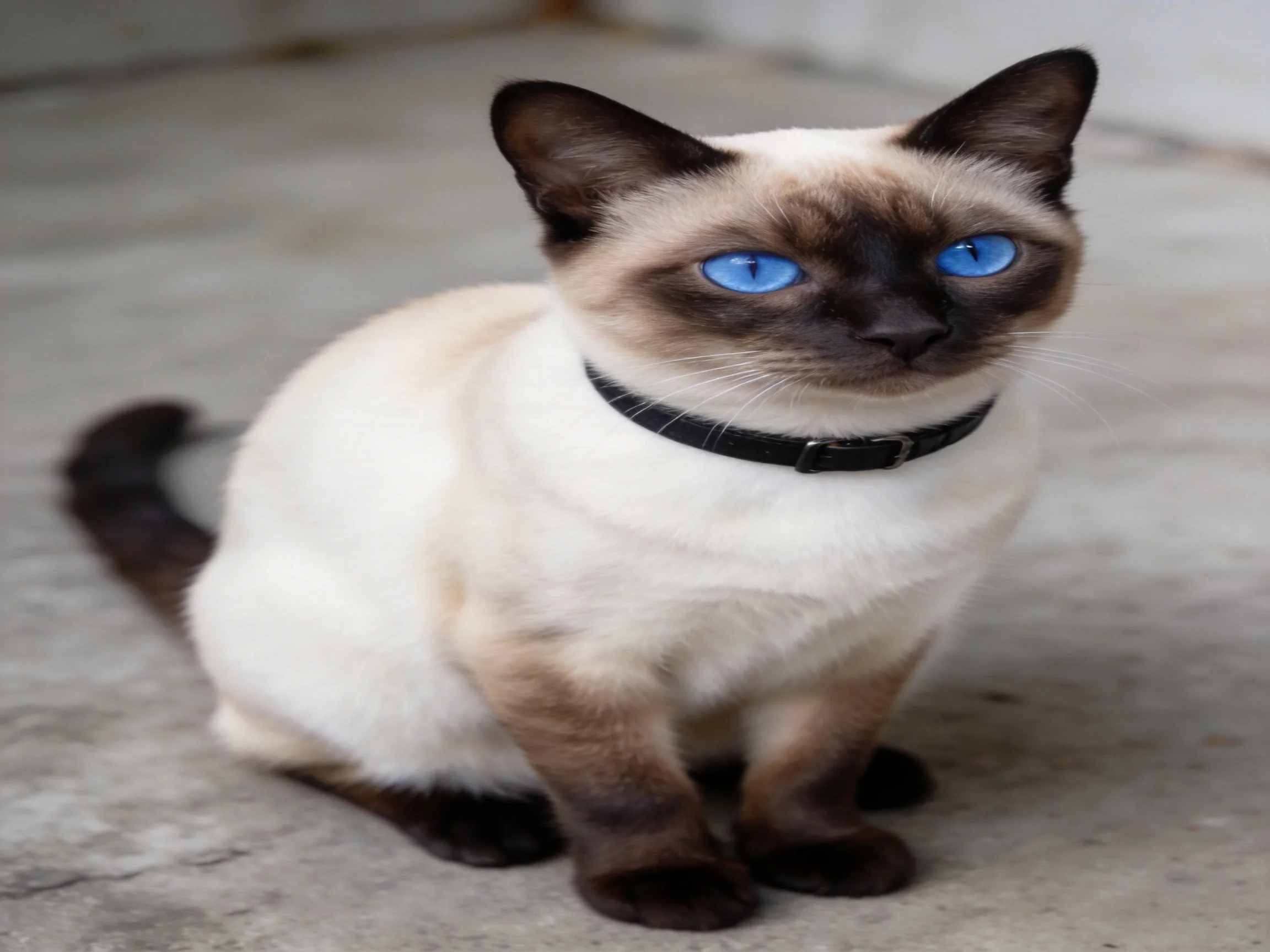 A Siamese cat with blue eyes sits on a concrete surface