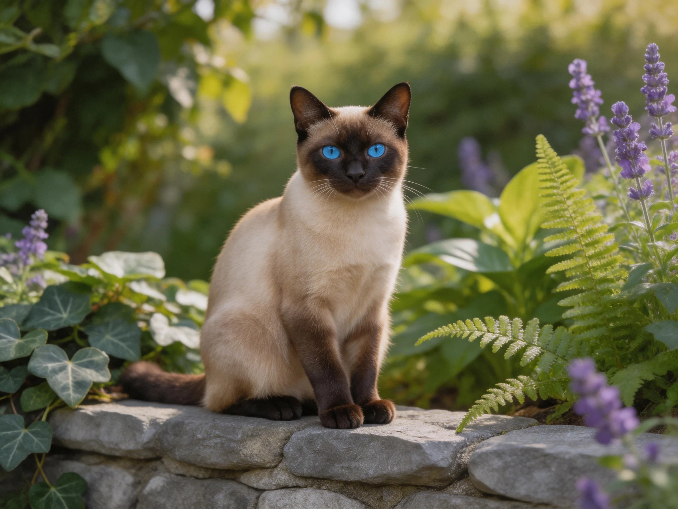 A Siamese cat with bright blue eyes rests on a stone wall surrounded by plants.