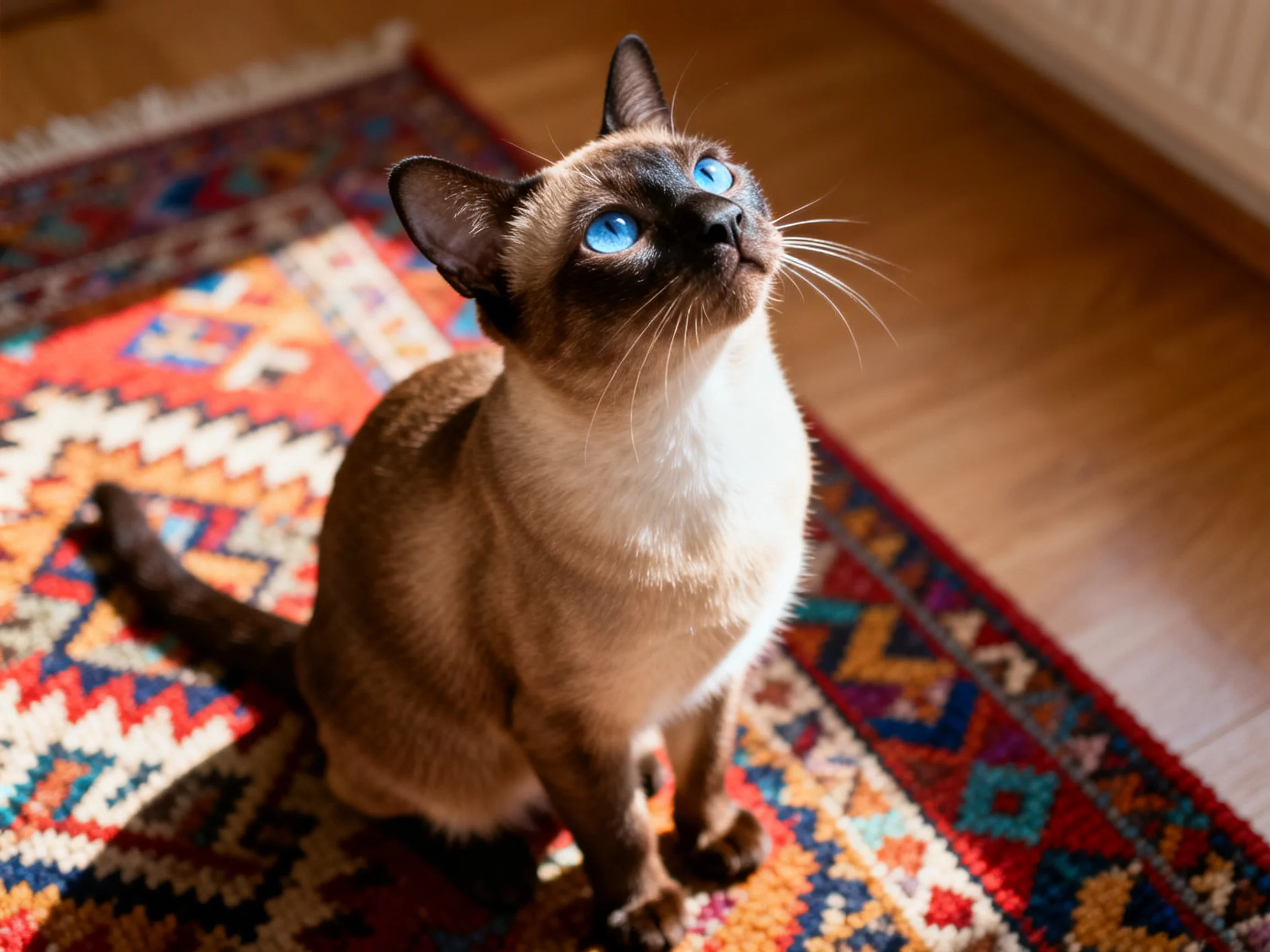 A Siamese cat with blue eyes sits on a colorful indoor rug.