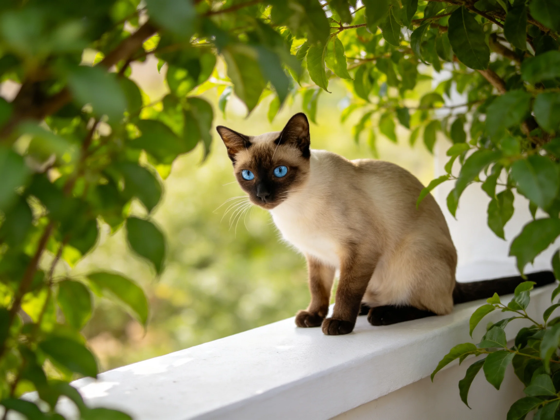 A Siamese cat with bright blue eyes sits on a white ledge among greenery
