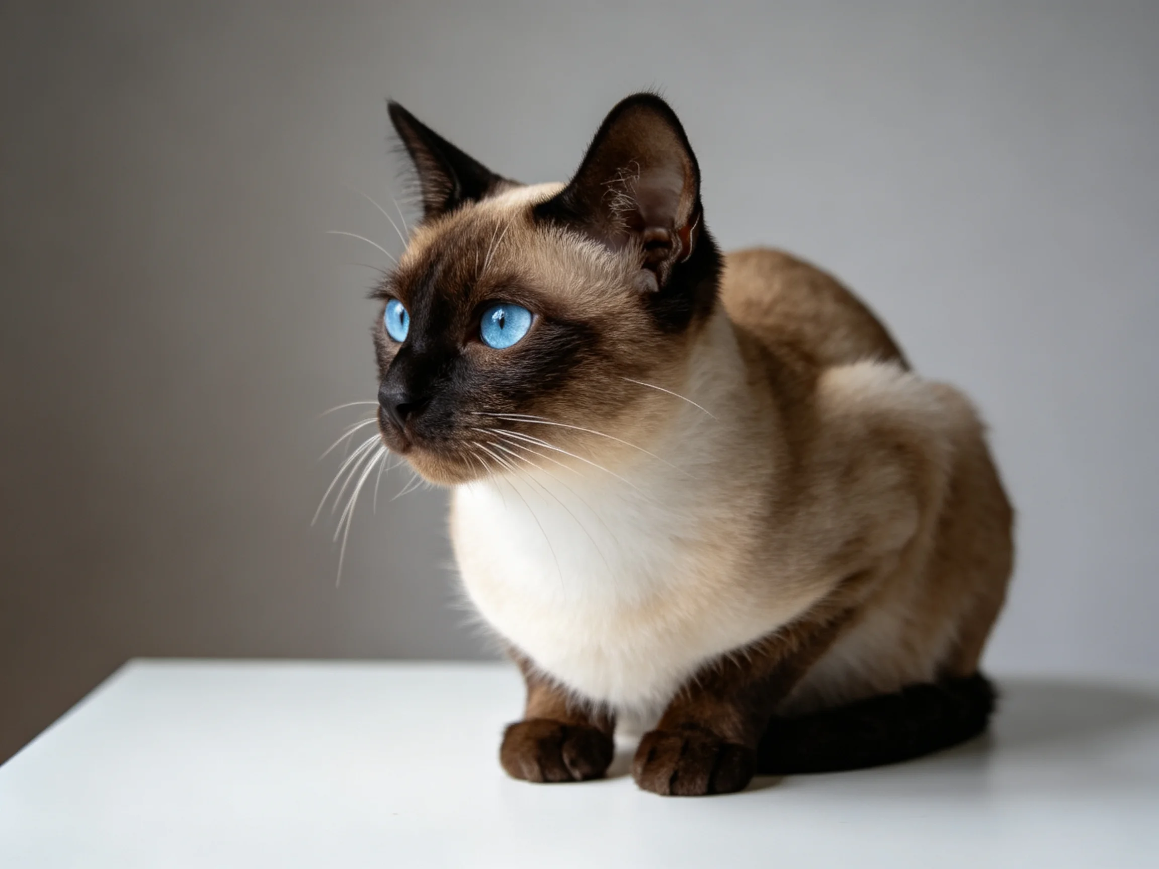 A Siamese cat with bright blue eyes rests on a white surface.