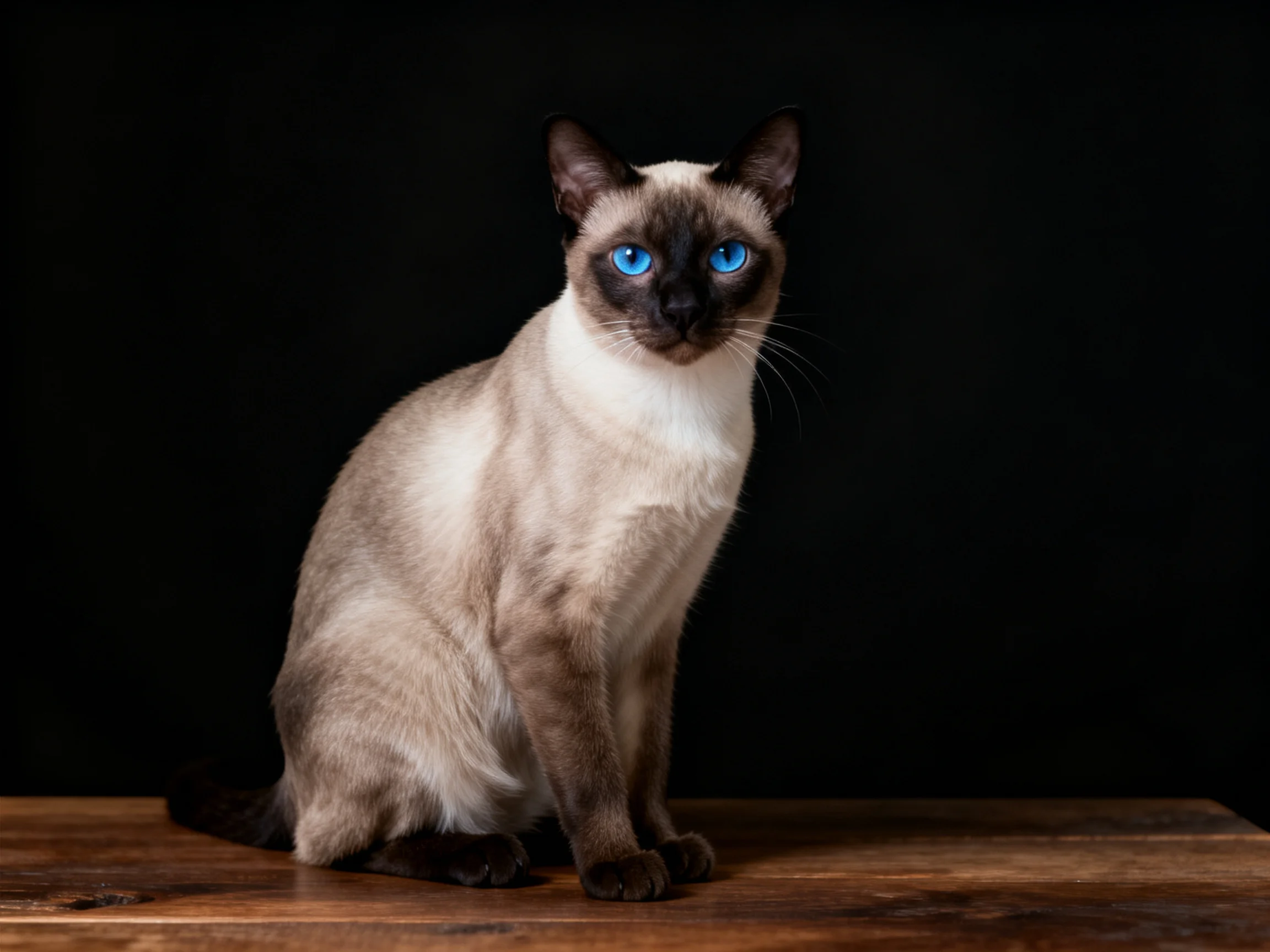 A Siamese cat with bright blue eyes sits on a wooden surface.