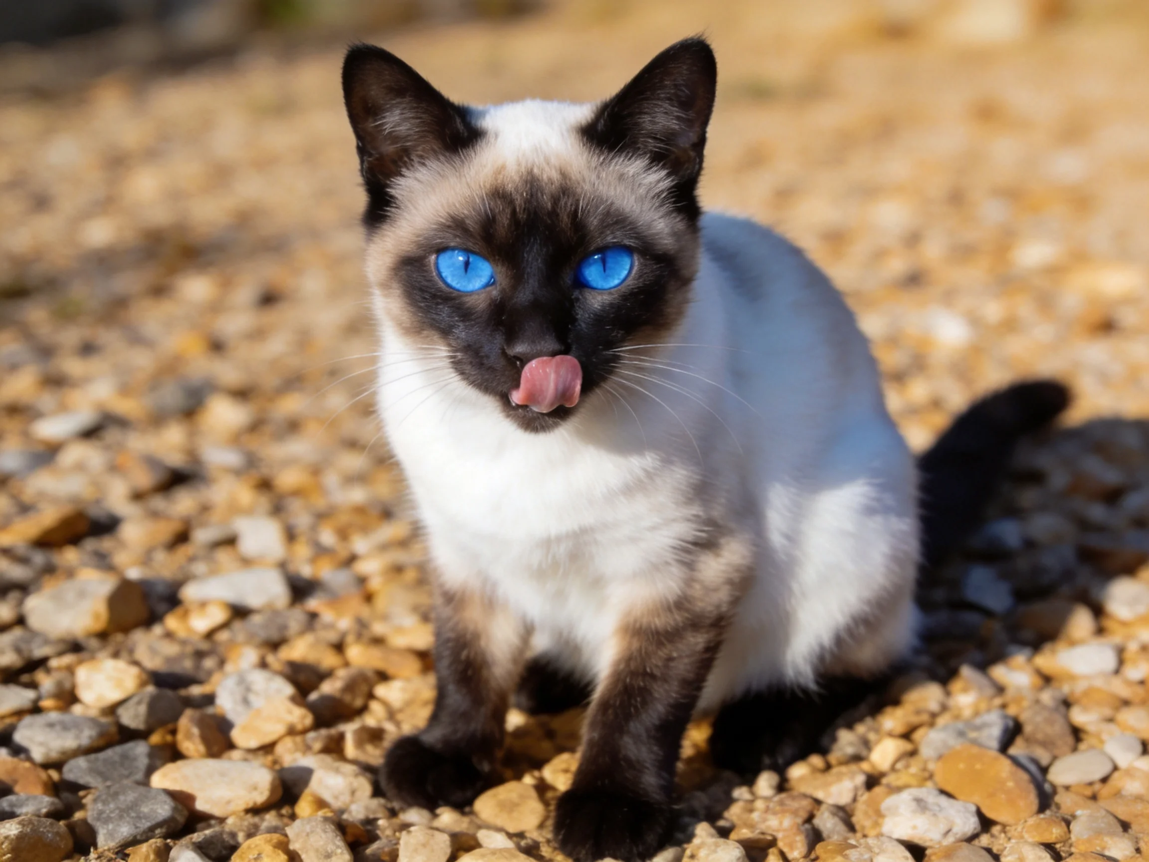 A Siamese cat with blue eyes sits on gravel in an outdoor setting.
