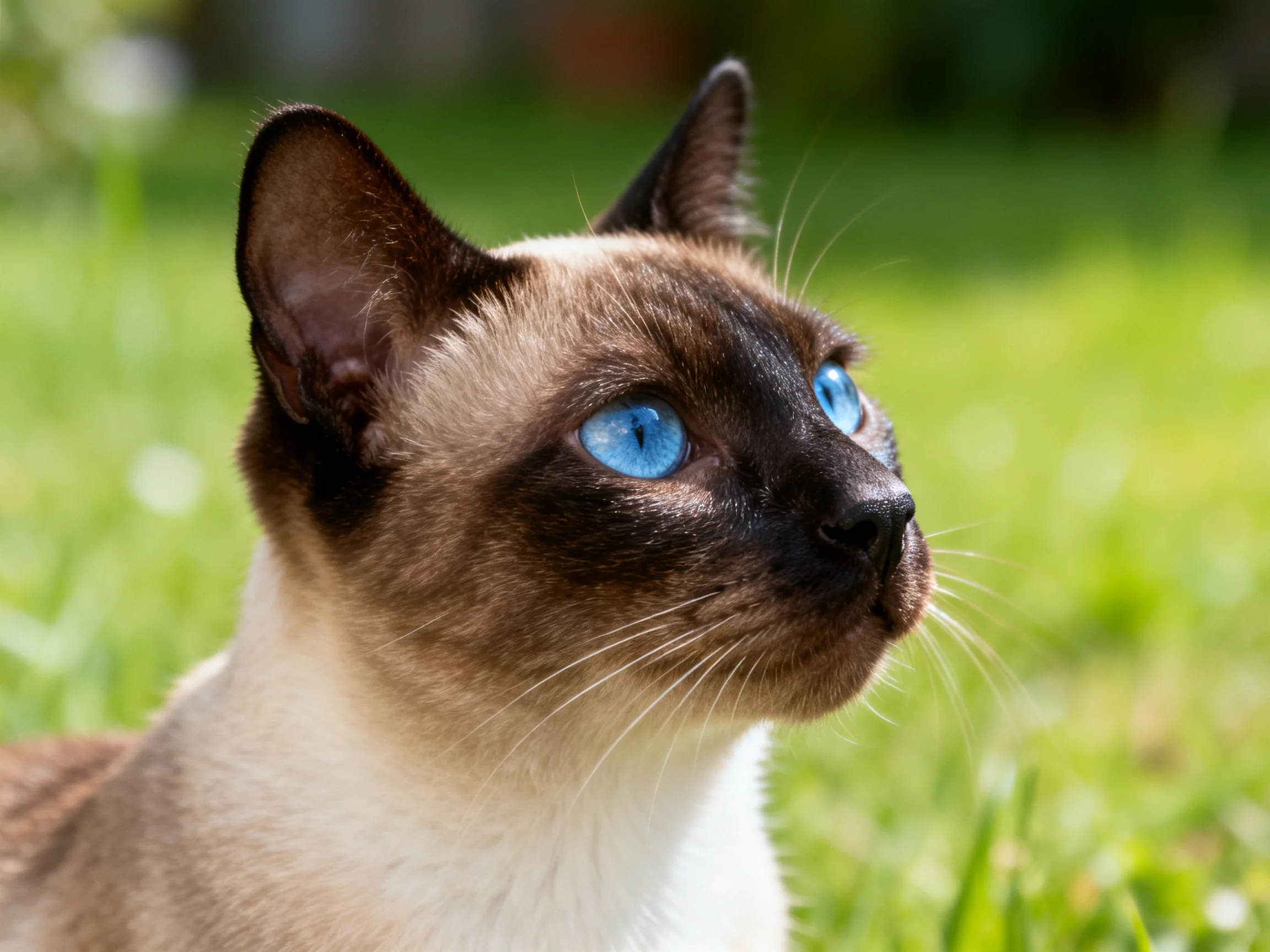 A Siamese cat with blue eyes sits on green grass.