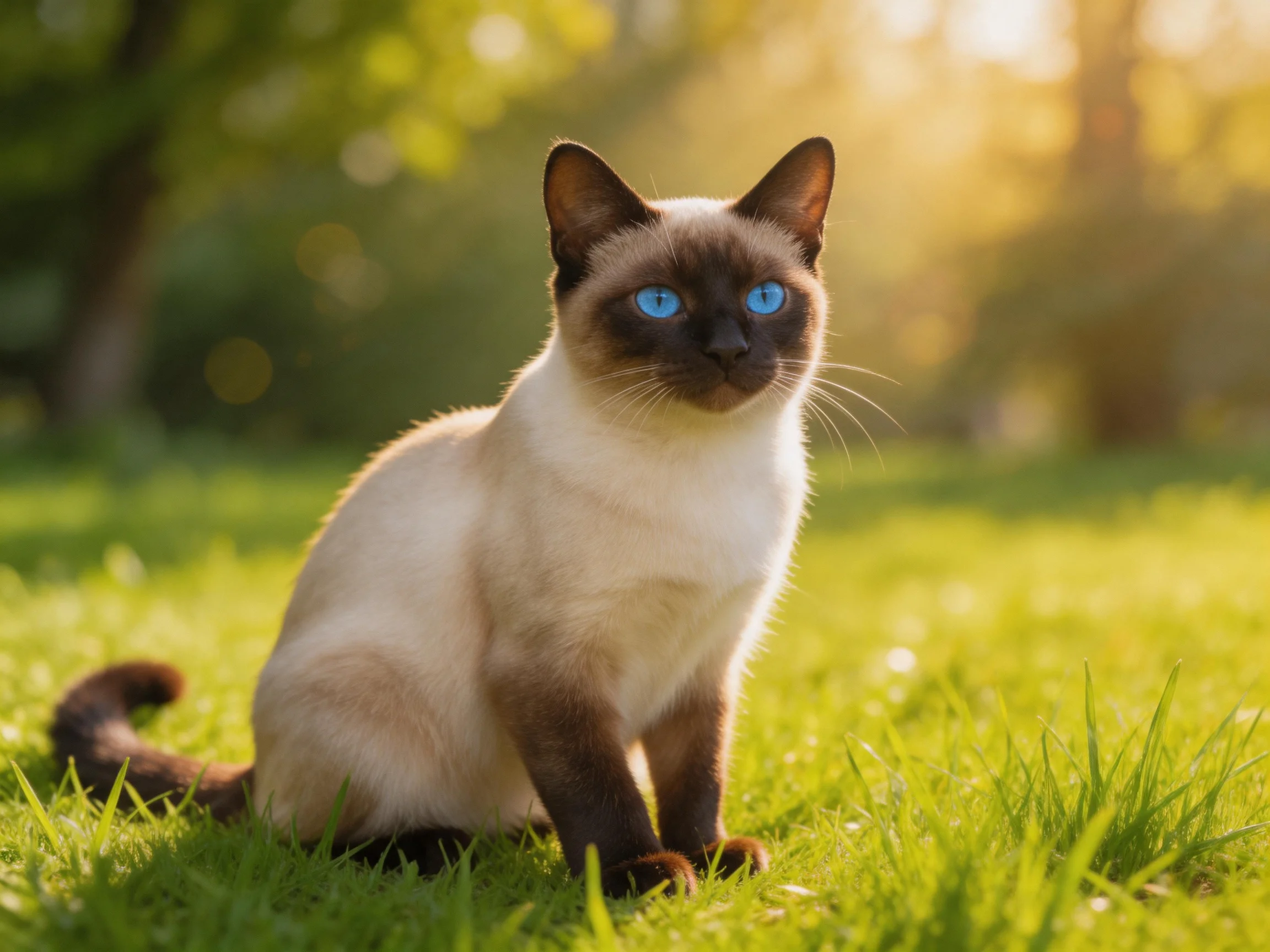A Siamese cat with blue eyes sits on grass in a sunlit outdoor setting.