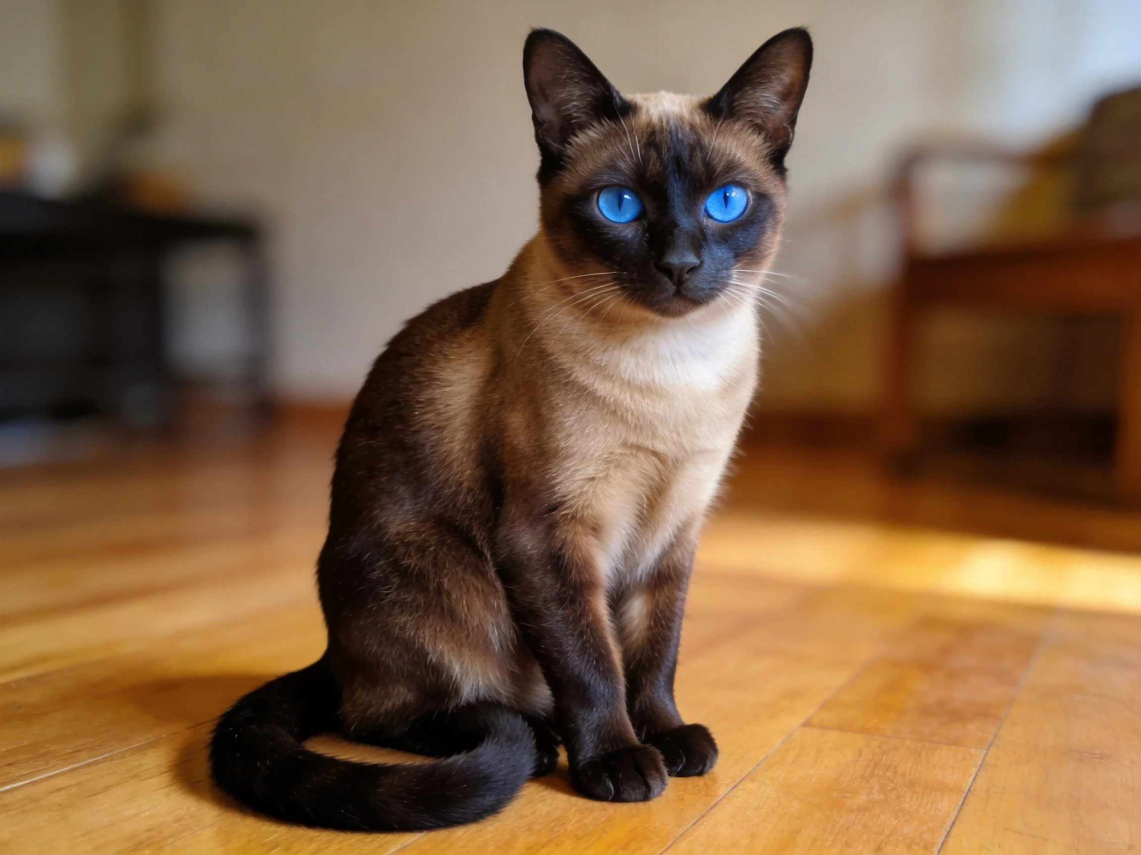 A Siamese cat with bright blue eyes sits on a wooden floor.
