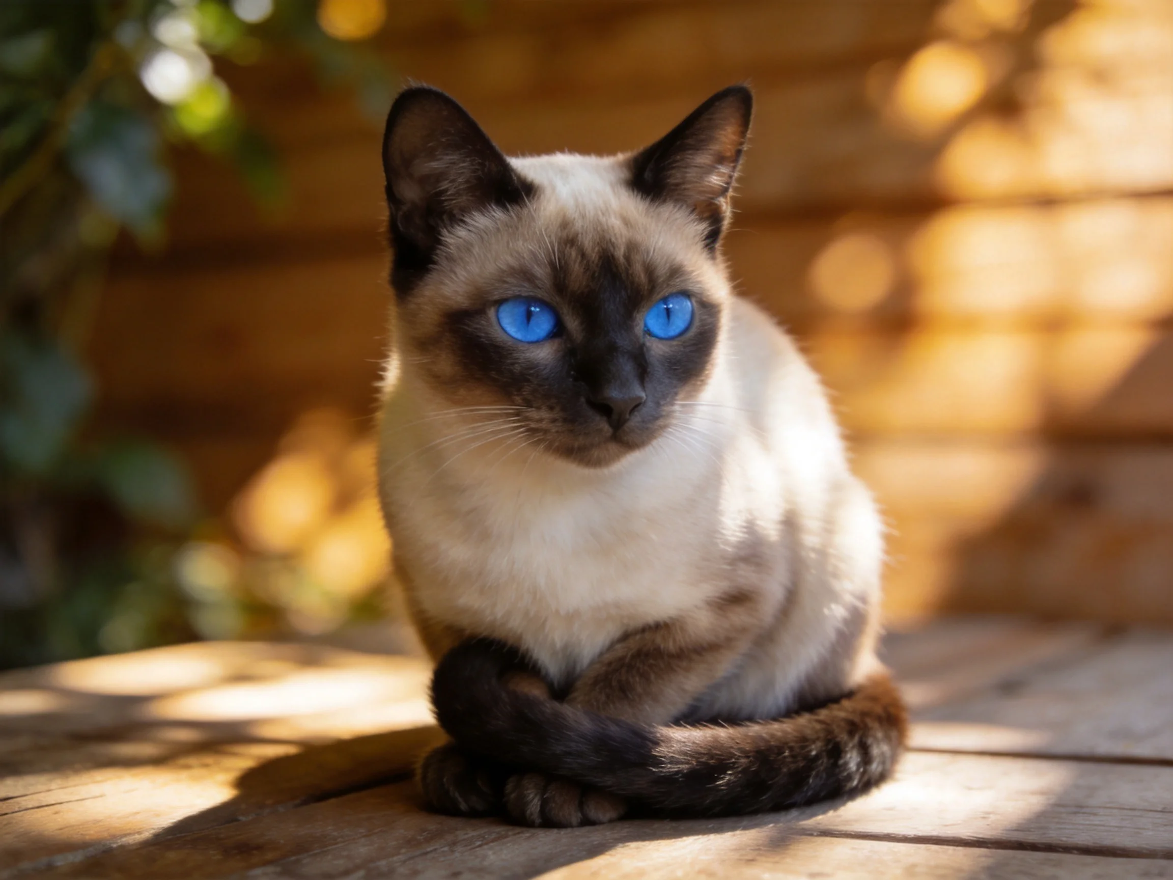 A Siamese cat with bright blue eyes sits on wooden planks in sunlight