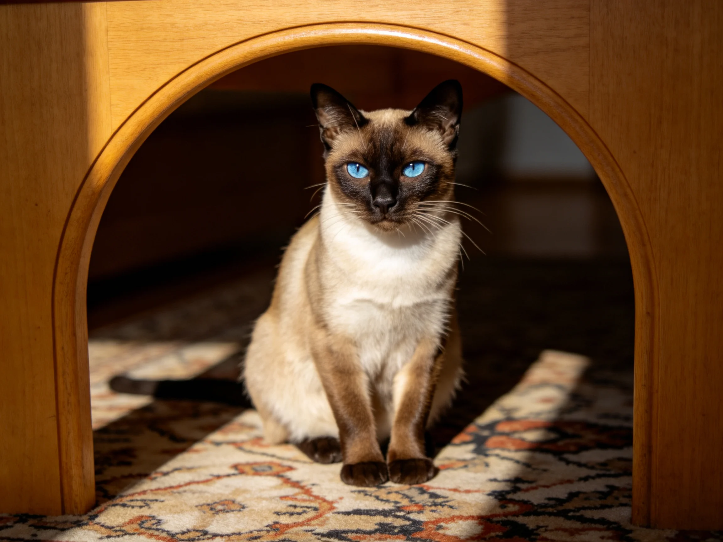 A Siamese cat with blue eyes sits under a wooden arch.