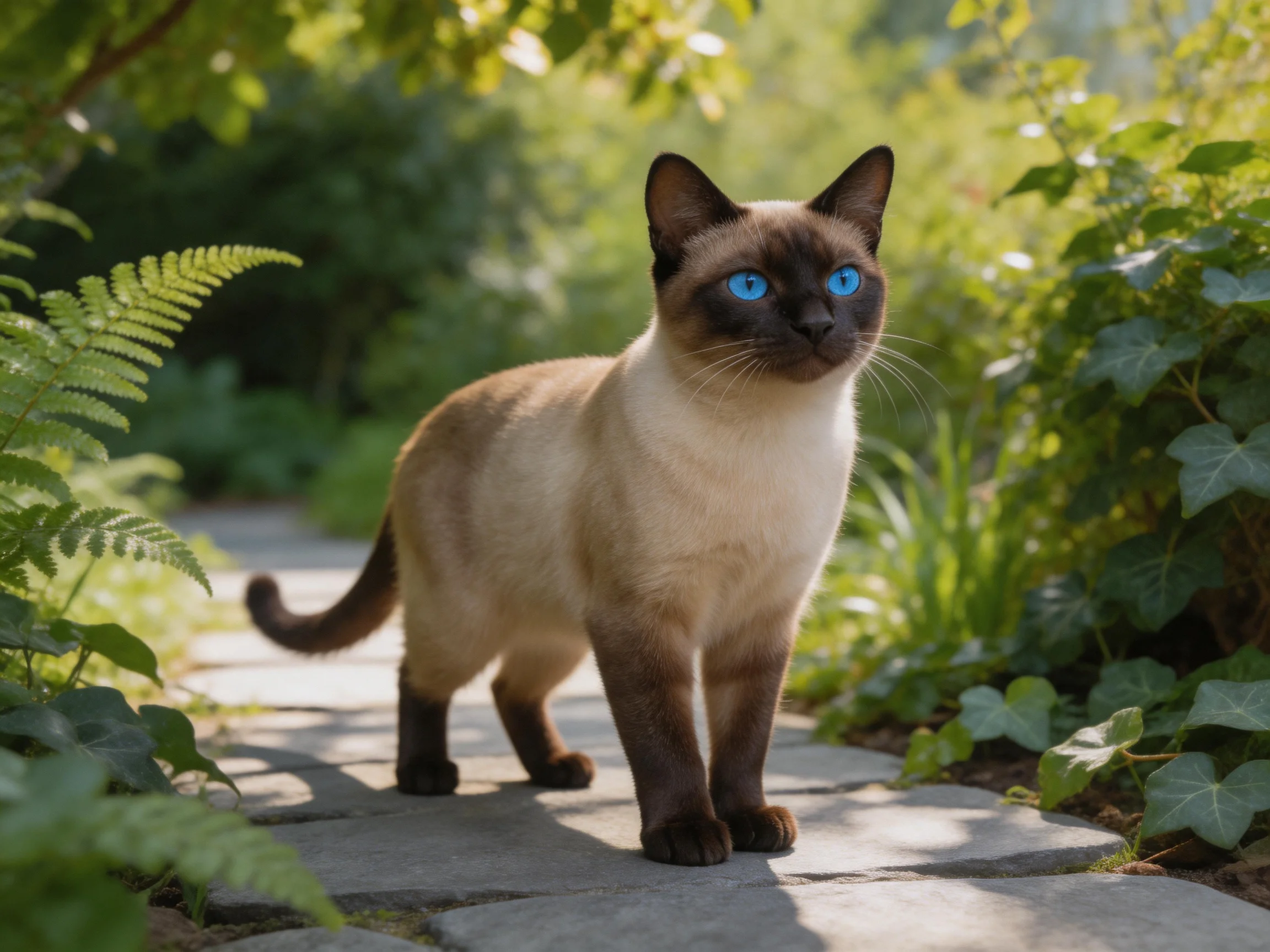 A Siamese cat with blue eyes explores a sunlit stone path surrounded by greenery