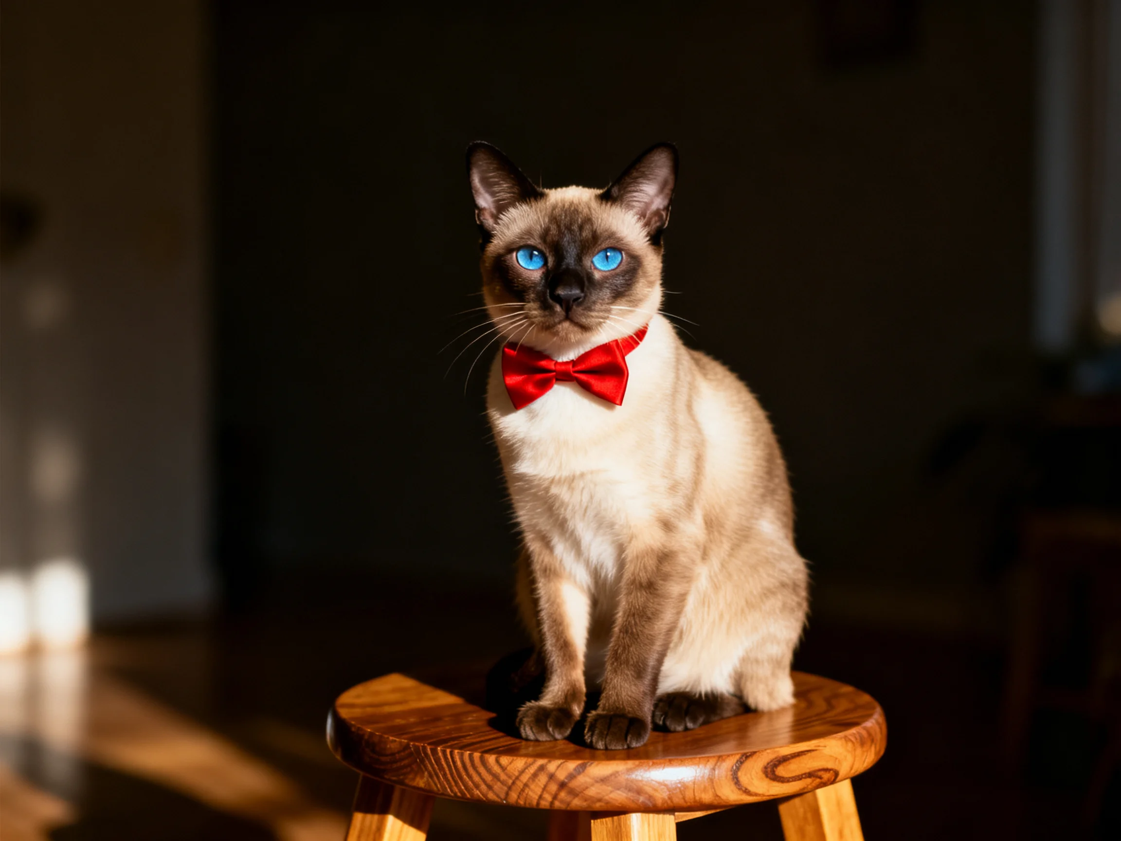 A Siamese cat wearing a red bow tie sits on a wooden stool in a dimly lit room.